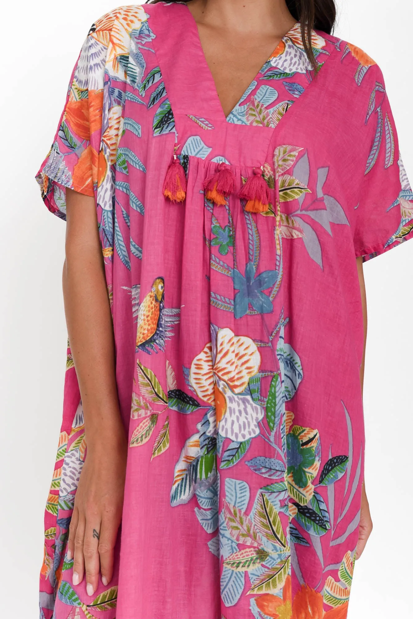 Isla Pink Bird Cotton Kaftan