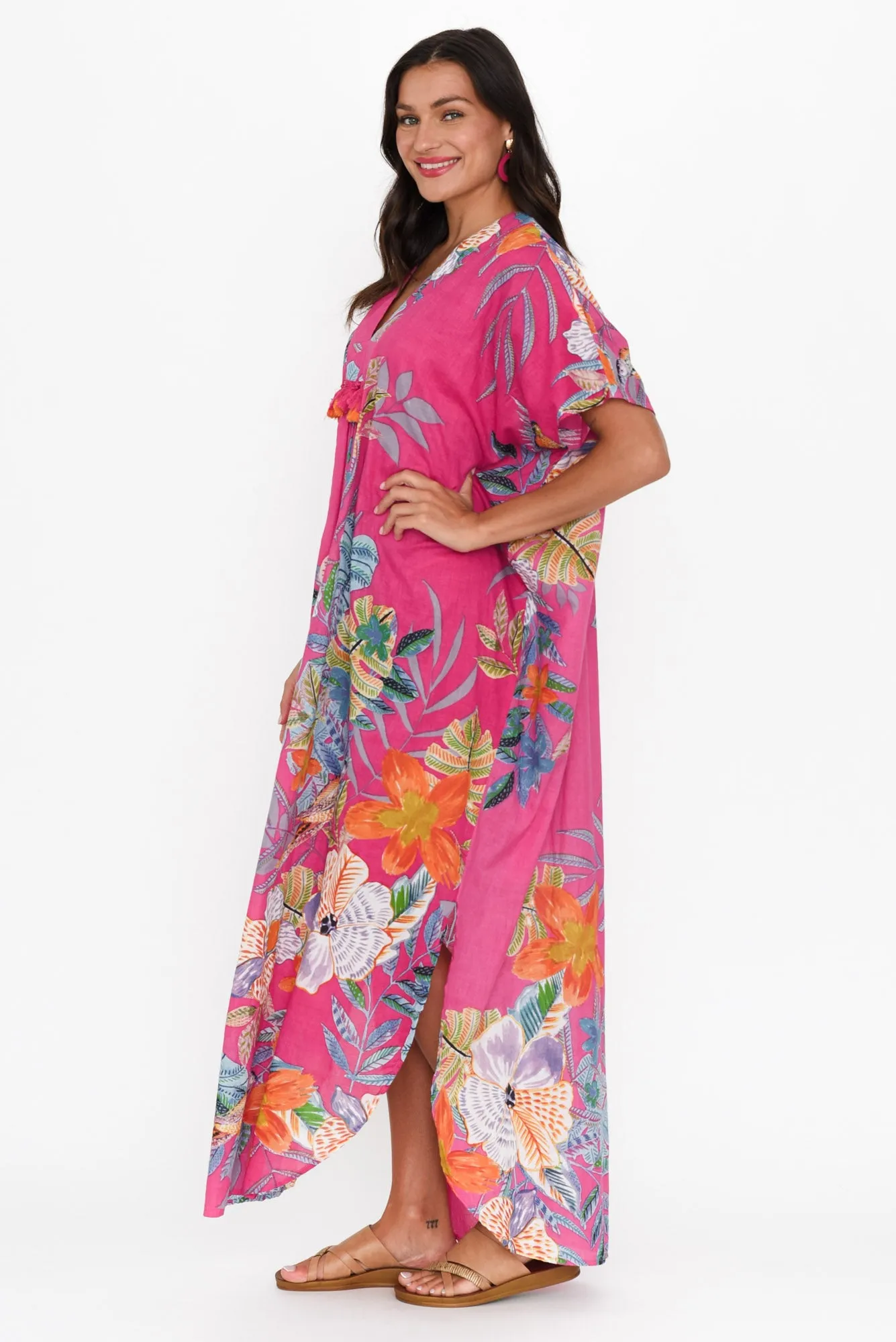 Isla Pink Bird Cotton Kaftan