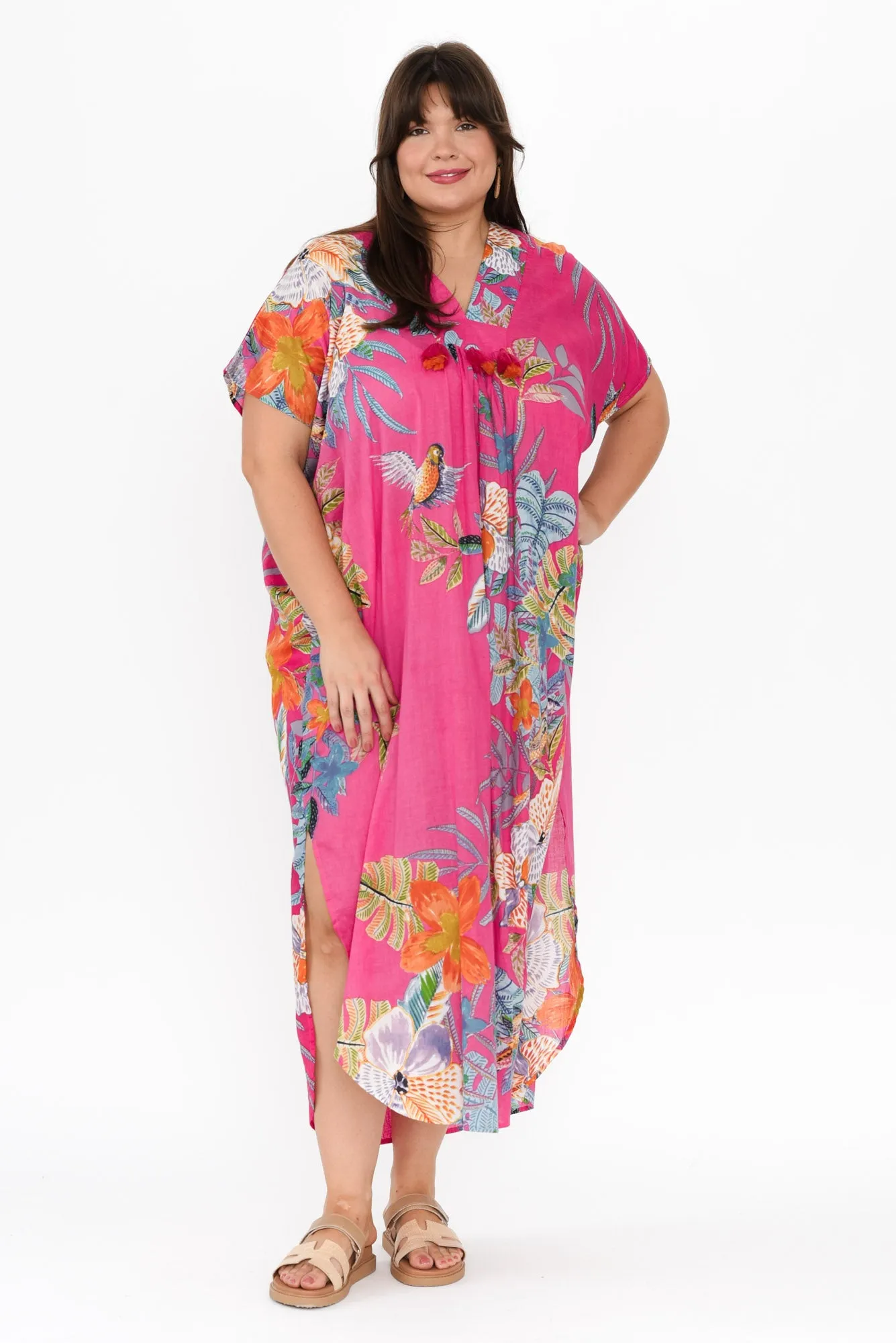 Isla Pink Bird Cotton Kaftan