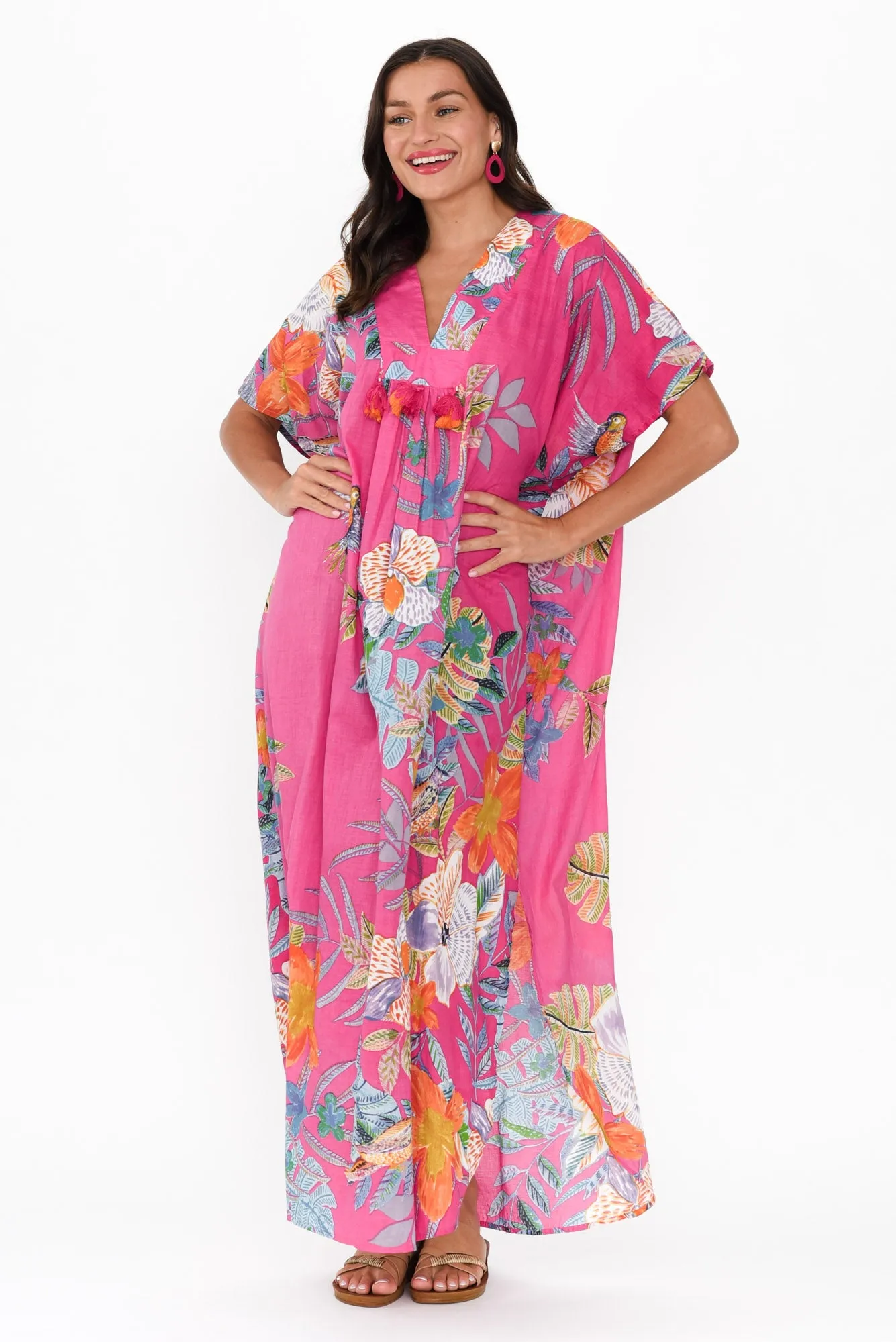 Isla Pink Bird Cotton Kaftan