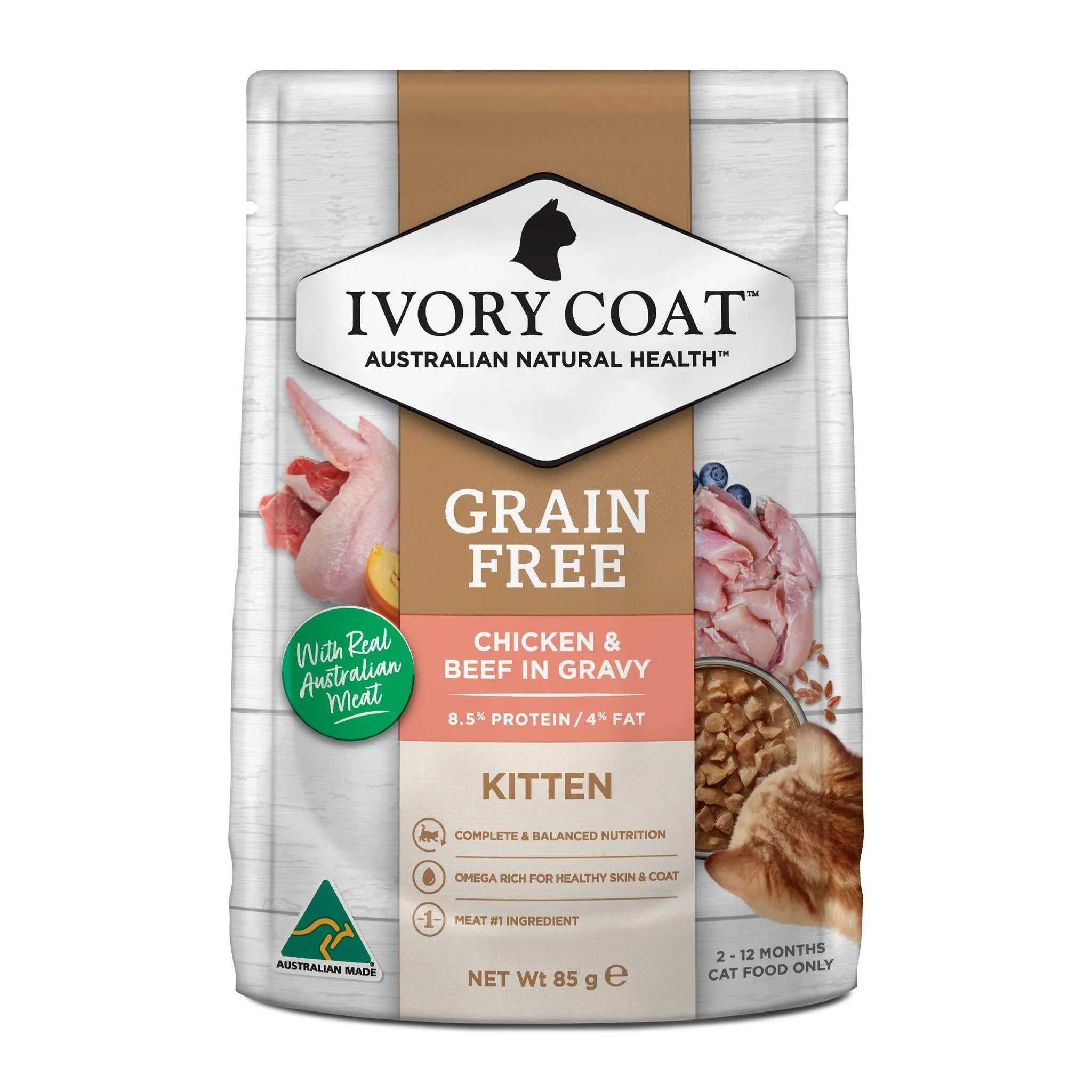 Ivory Coat Grain Free Kitten Chicken & Beef in Gravy Cat Wet Food 85g x 12