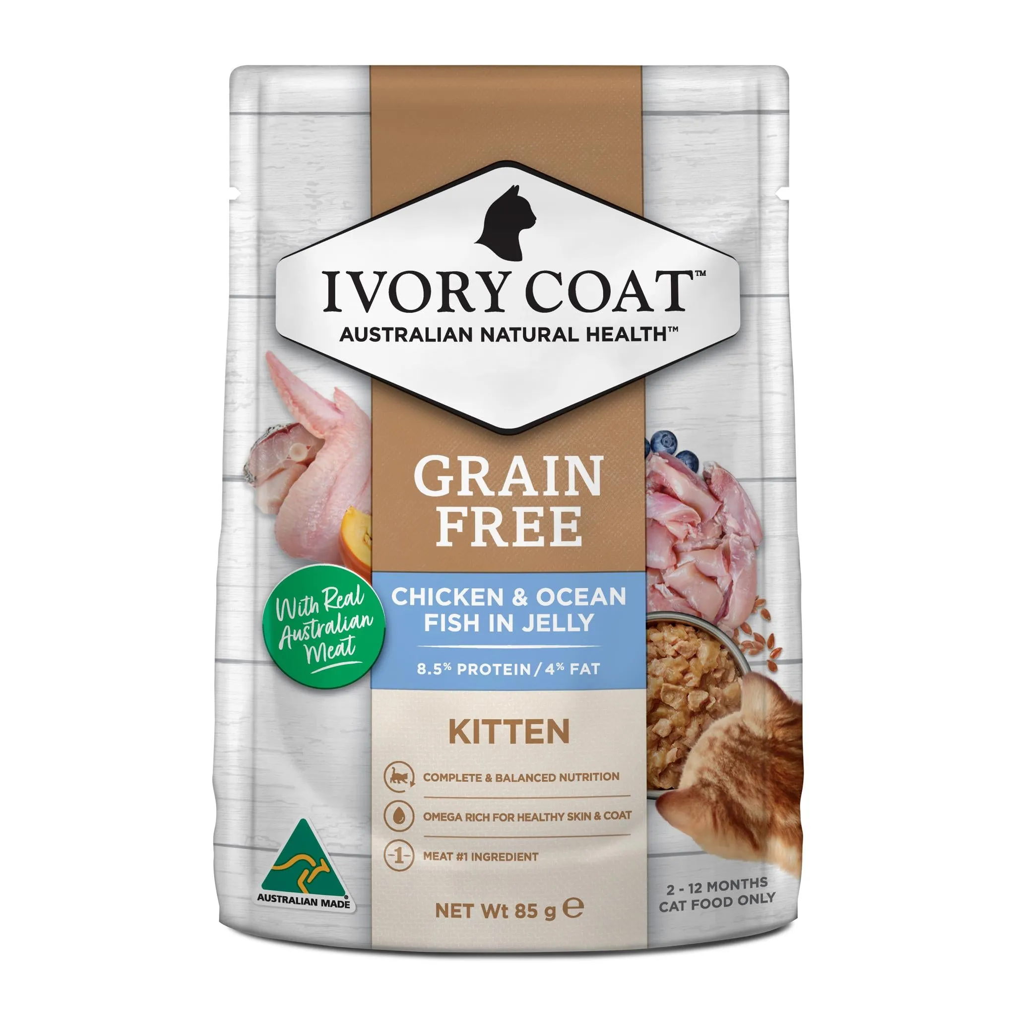 Ivory Coat Grain Free Kitten Chicken & Fish in Jelly Cat Wet Food 85g x 12