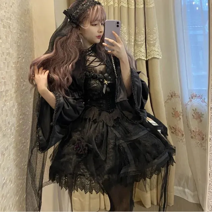 Japanese Gothic Lolita Dress Women Bandage Vintage Girl Sweet Lace Dark Slip Elegant Princess Victorian Dress Prom Party Dress