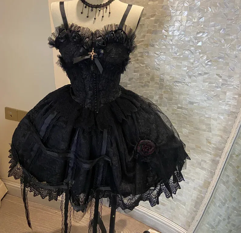 Japanese Gothic Lolita Dress Women Bandage Vintage Girl Sweet Lace Dark Slip Elegant Princess Victorian Dress Prom Party Dress