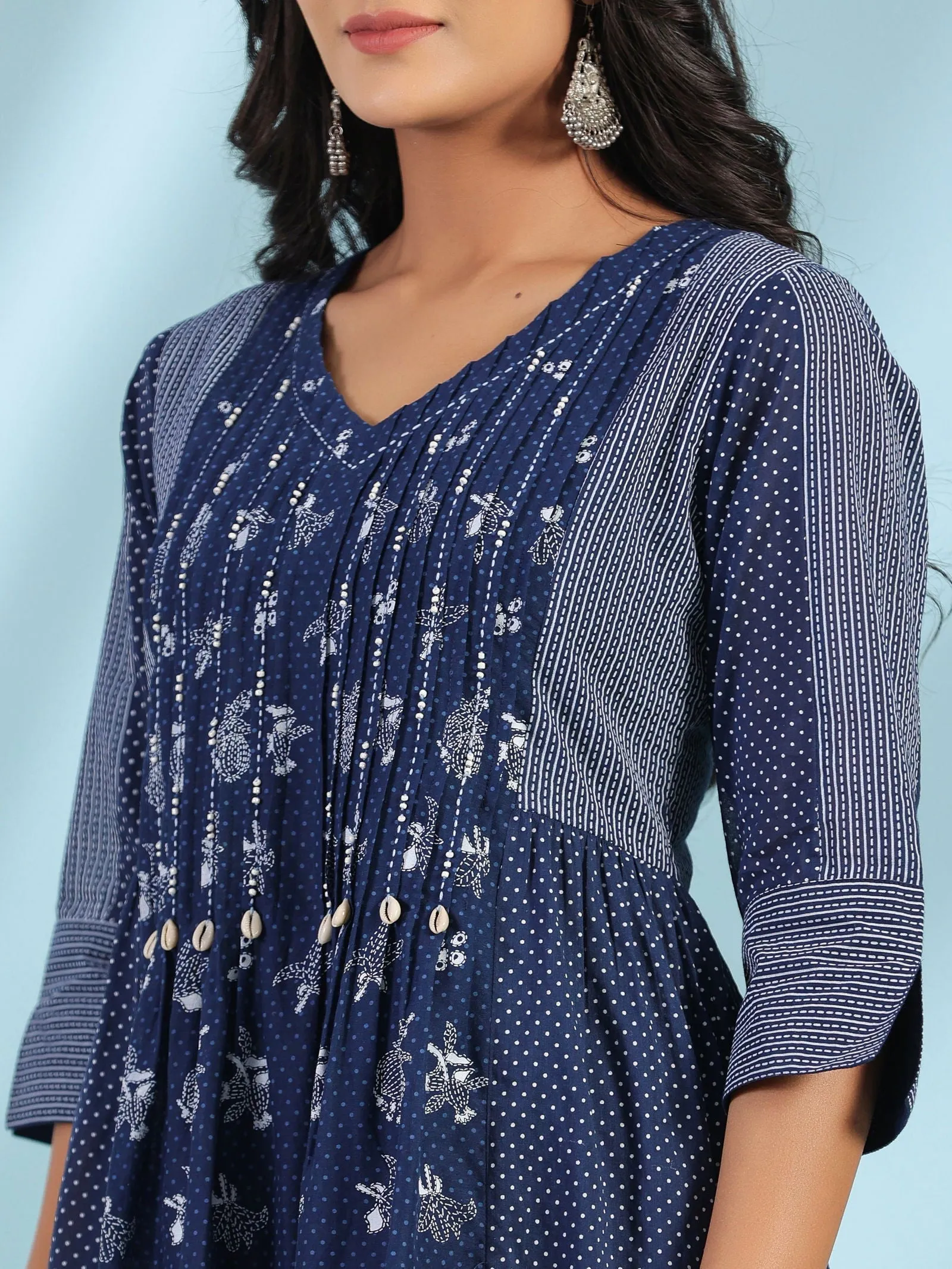 Jashvi Blue Cotton Ethnic Motif Printed A-Line Dress With Pintucks At Front & Beadwork