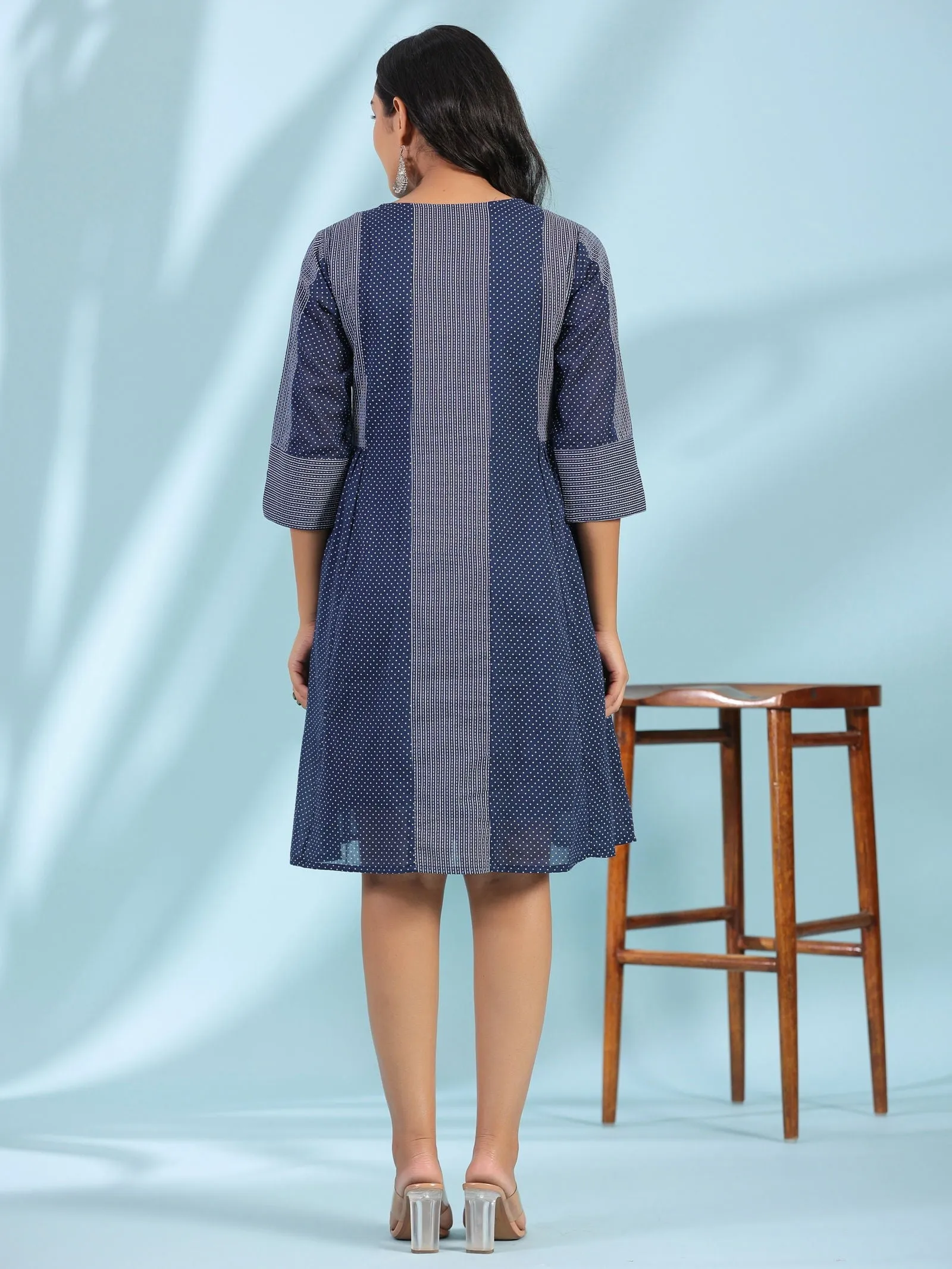 Jashvi Blue Cotton Ethnic Motif Printed A-Line Dress With Pintucks At Front & Beadwork