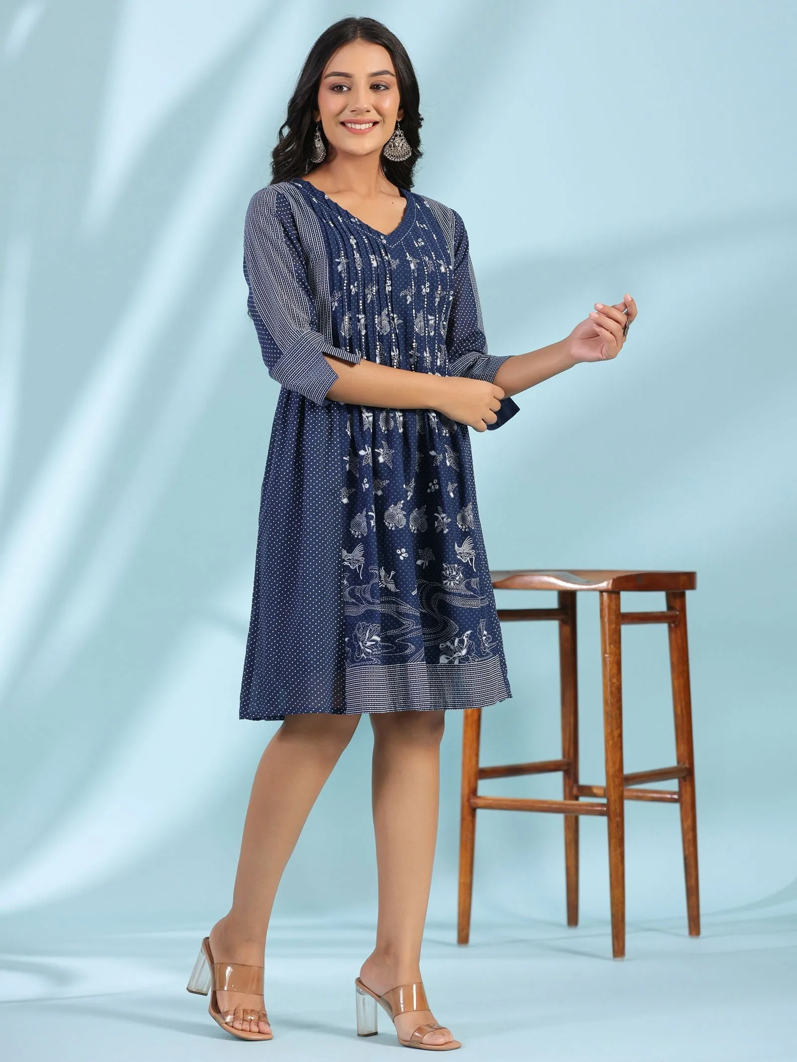 Jashvi Blue Cotton Ethnic Motif Printed A-Line Dress With Pintucks At Front & Beadwork