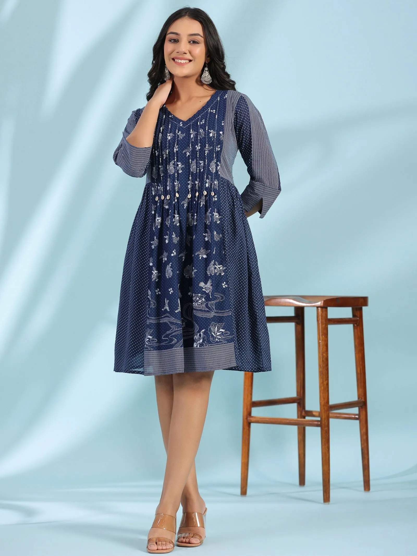 Jashvi Blue Cotton Ethnic Motif Printed A-Line Dress With Pintucks At Front & Beadwork