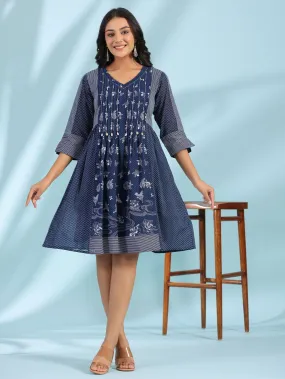 Jashvi Blue Cotton Ethnic Motif Printed A-Line Dress With Pintucks At Front & Beadwork