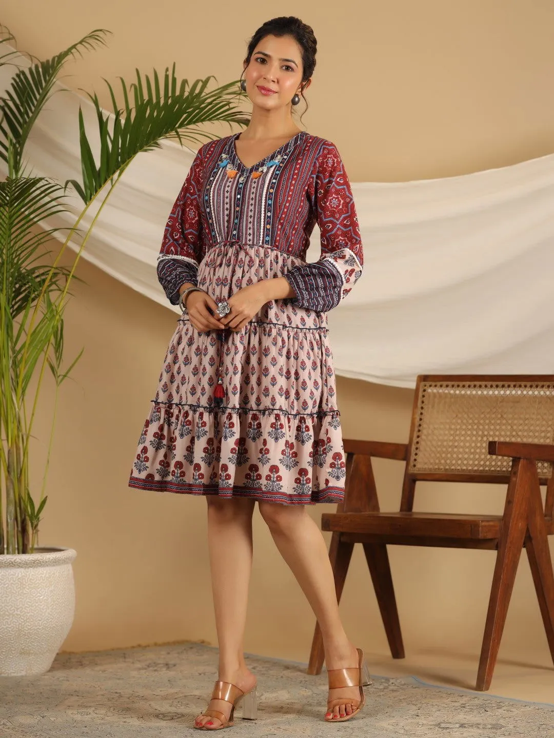 Jashvi  Maroon Cotton Ethnic Motif Print Short Dress With Kantha Work Tassel Coin Kaudi & Sequins Work