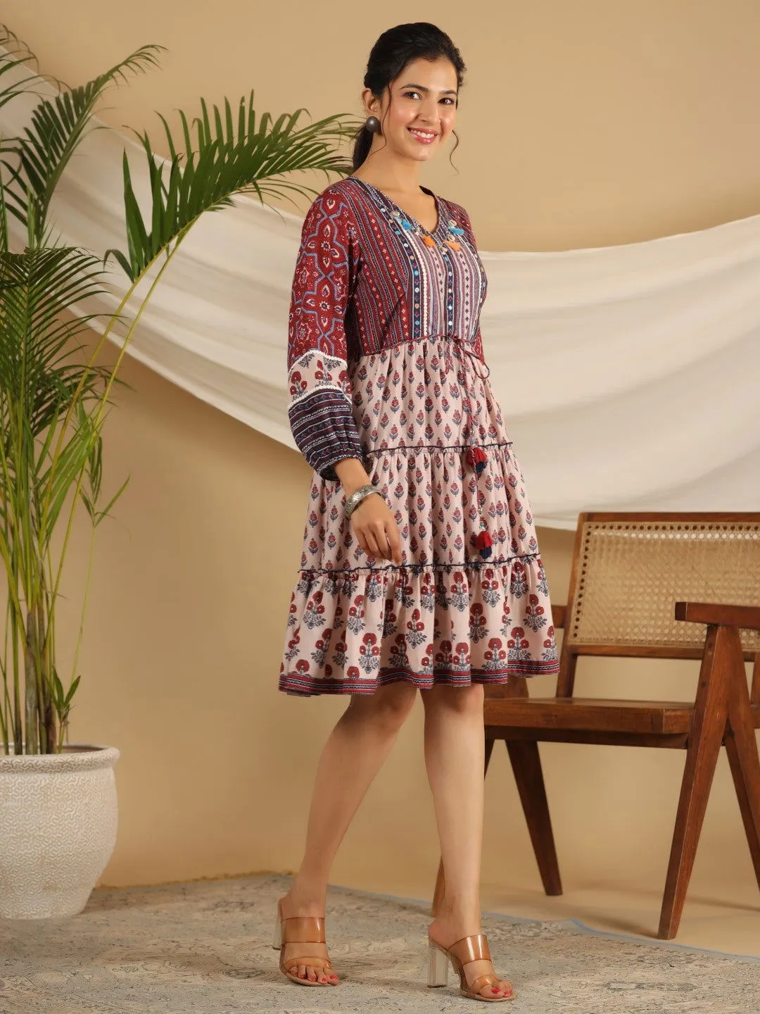 Jashvi  Maroon Cotton Ethnic Motif Print Short Dress With Kantha Work Tassel Coin Kaudi & Sequins Work