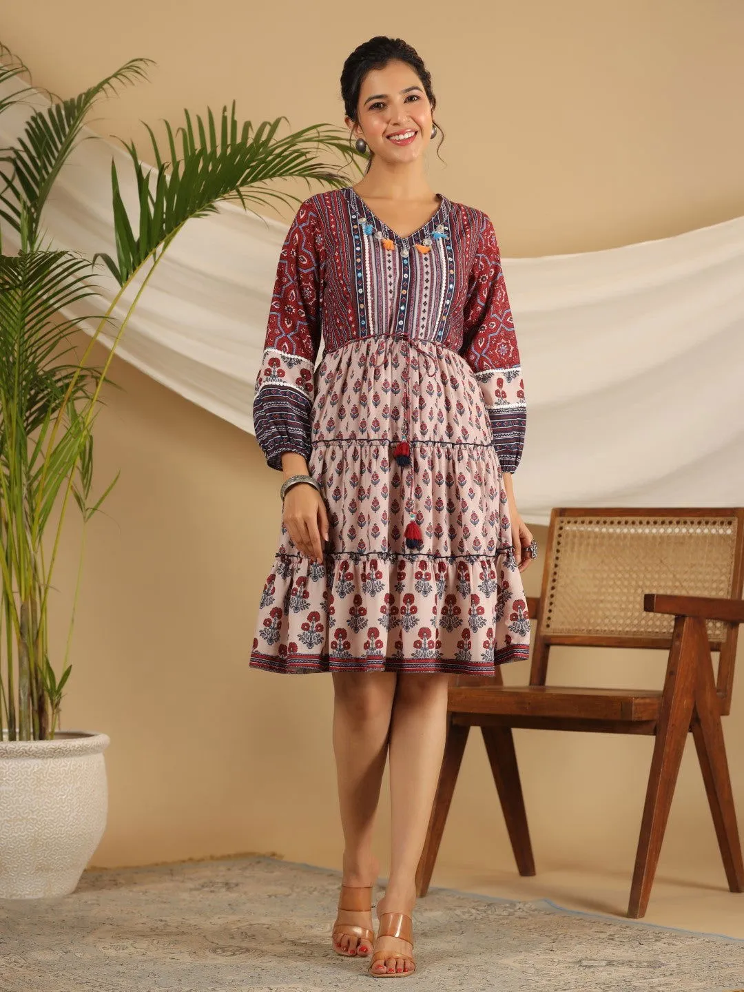 Jashvi  Maroon Cotton Ethnic Motif Print Short Dress With Kantha Work Tassel Coin Kaudi & Sequins Work