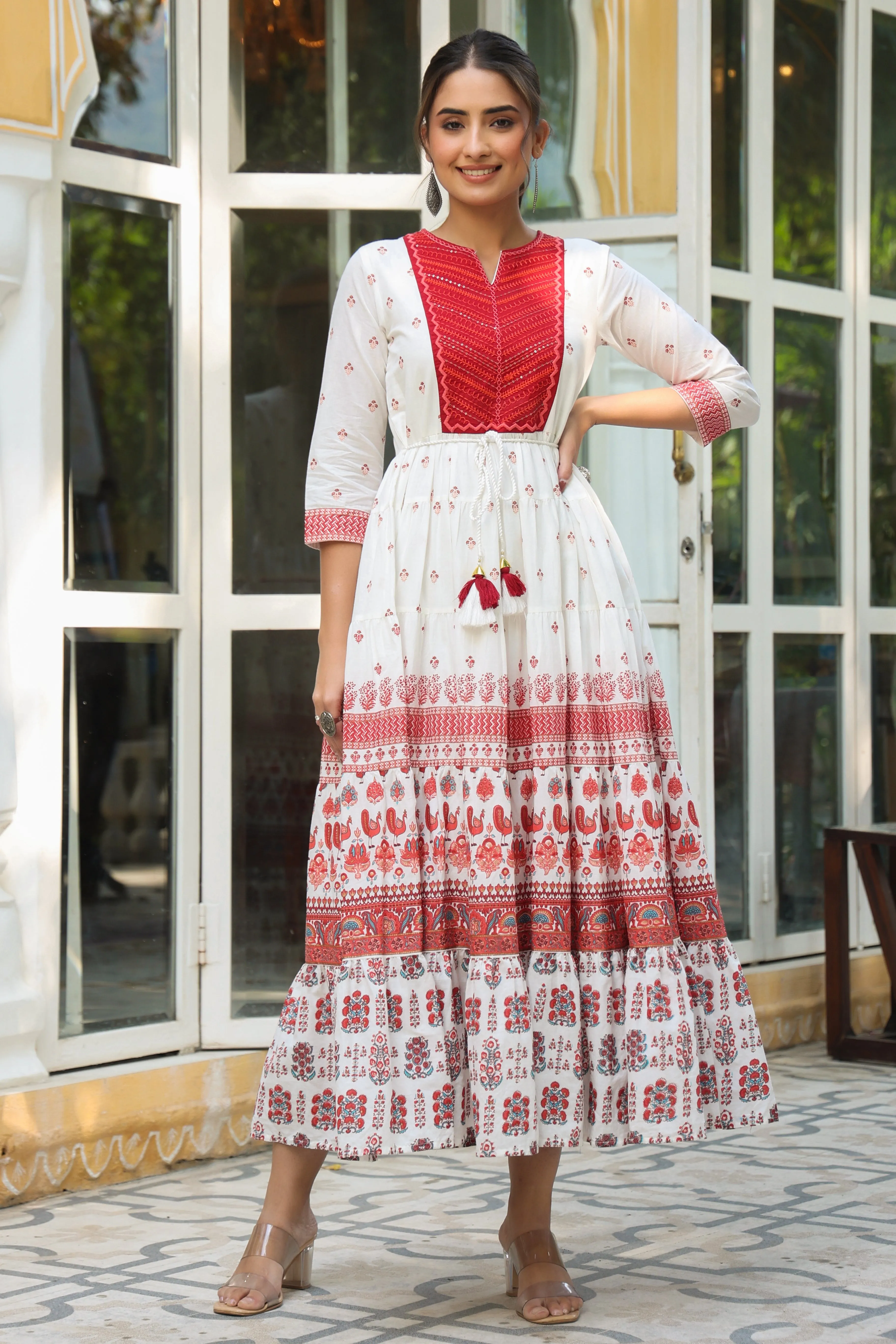 Jashvi Maroon Ethnic Motif Printed Pure Cotton Tiered Maxi Dress With Sequins & Thread Work Embroidery