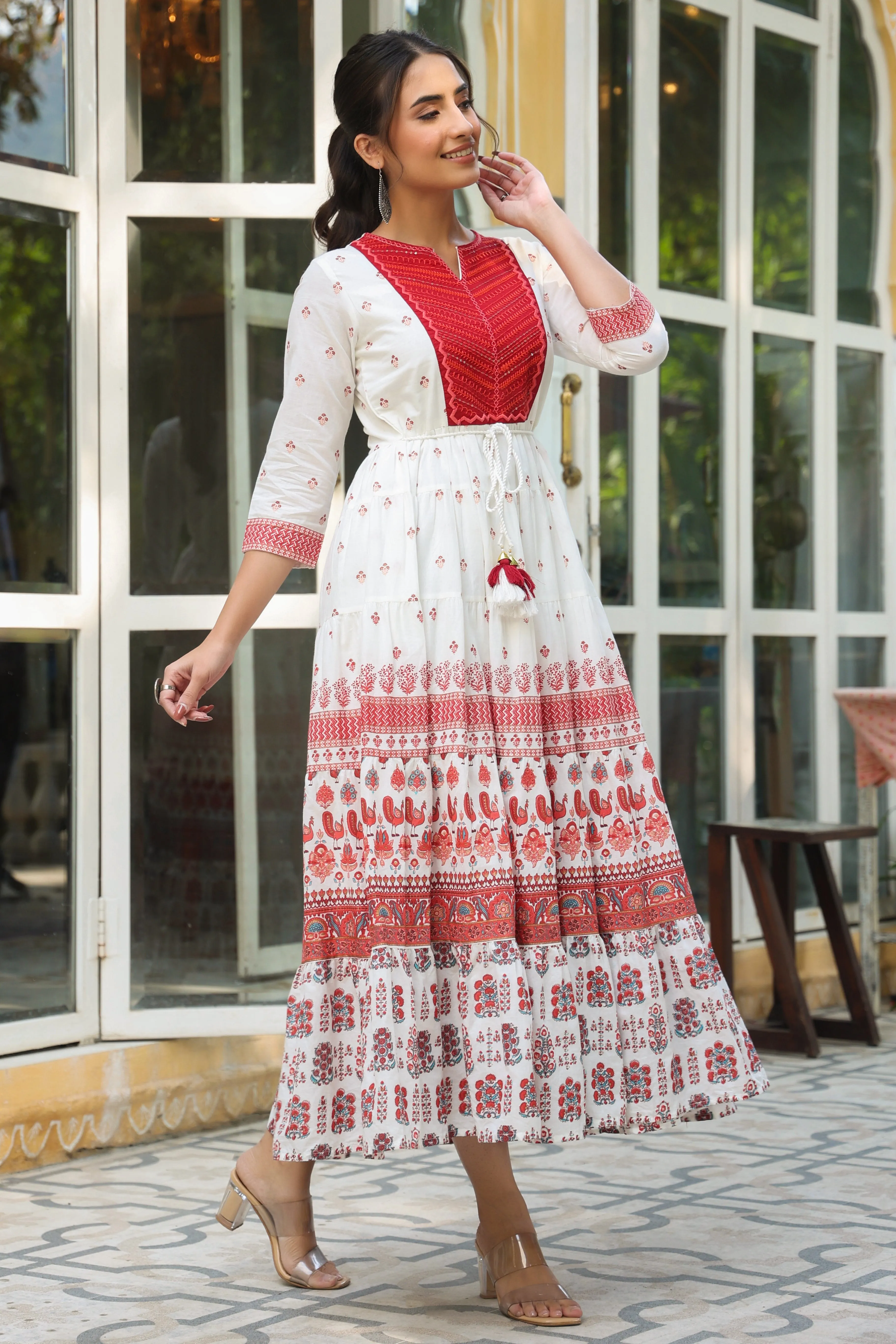 Jashvi Maroon Ethnic Motif Printed Pure Cotton Tiered Maxi Dress With Sequins & Thread Work Embroidery