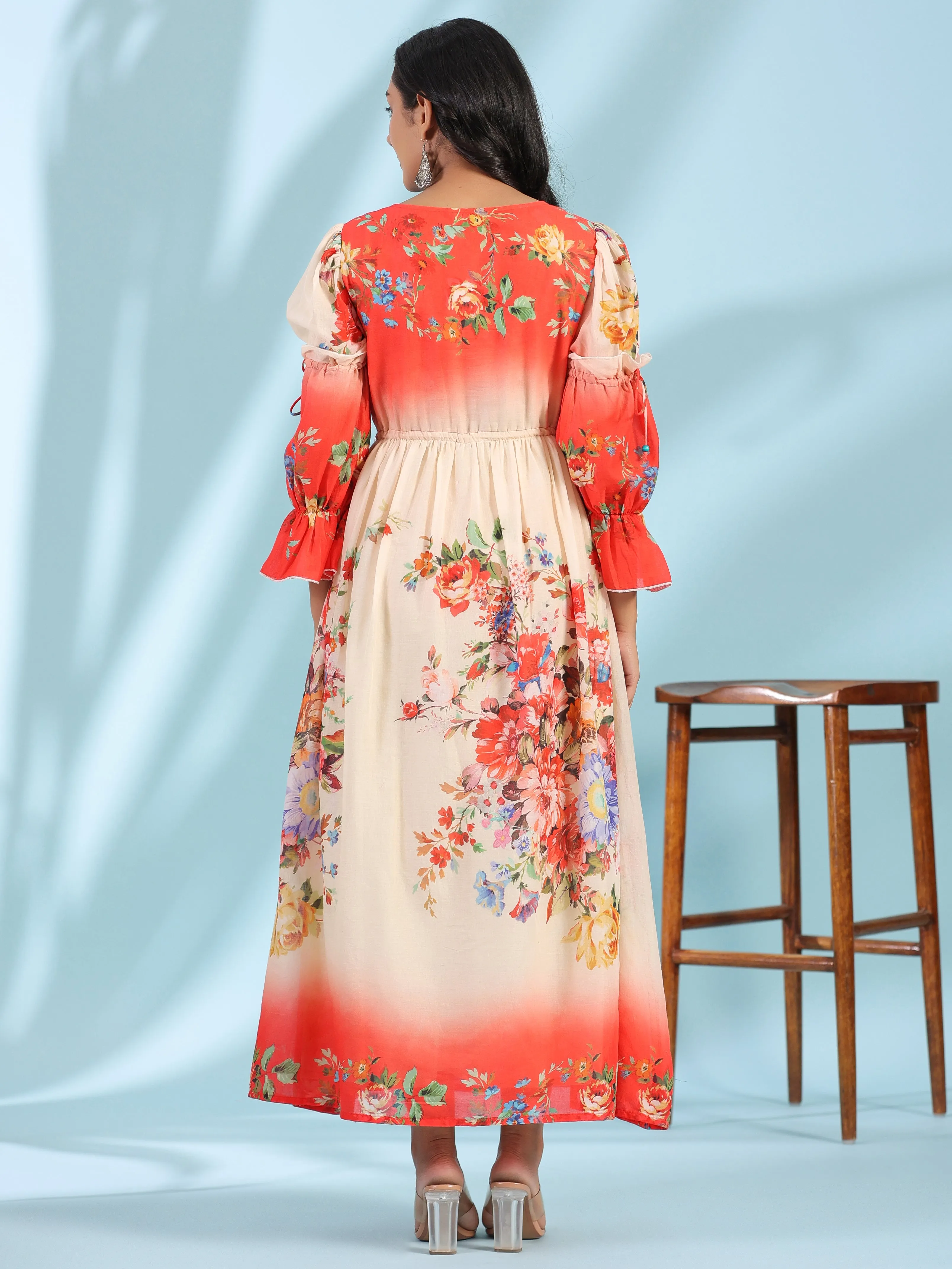 Jashvi Off-White Floral Printed Cotton Maxi Dress With Beads & Sequins Work