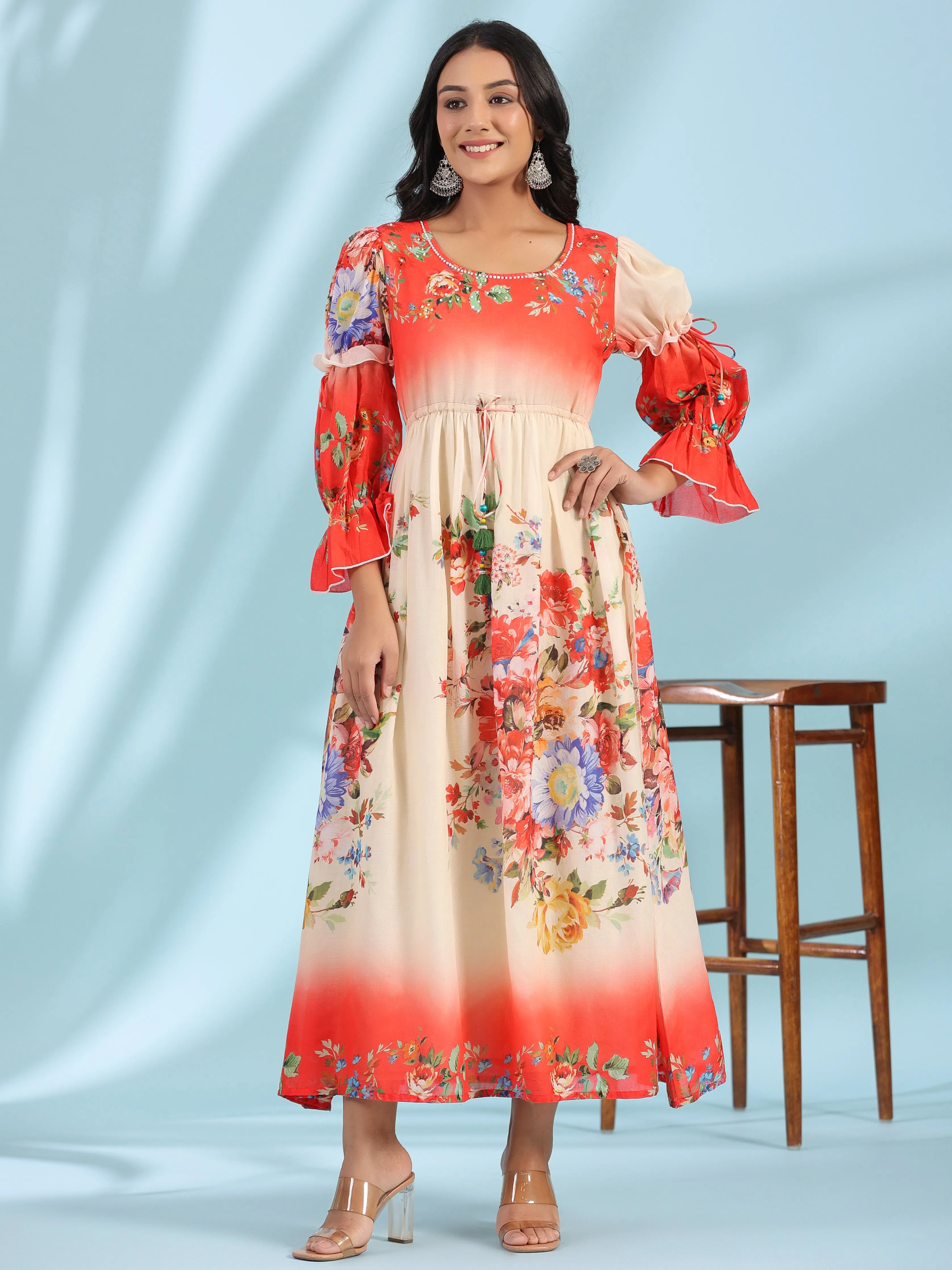 Jashvi Off-White Floral Printed Cotton Maxi Dress With Beads & Sequins Work