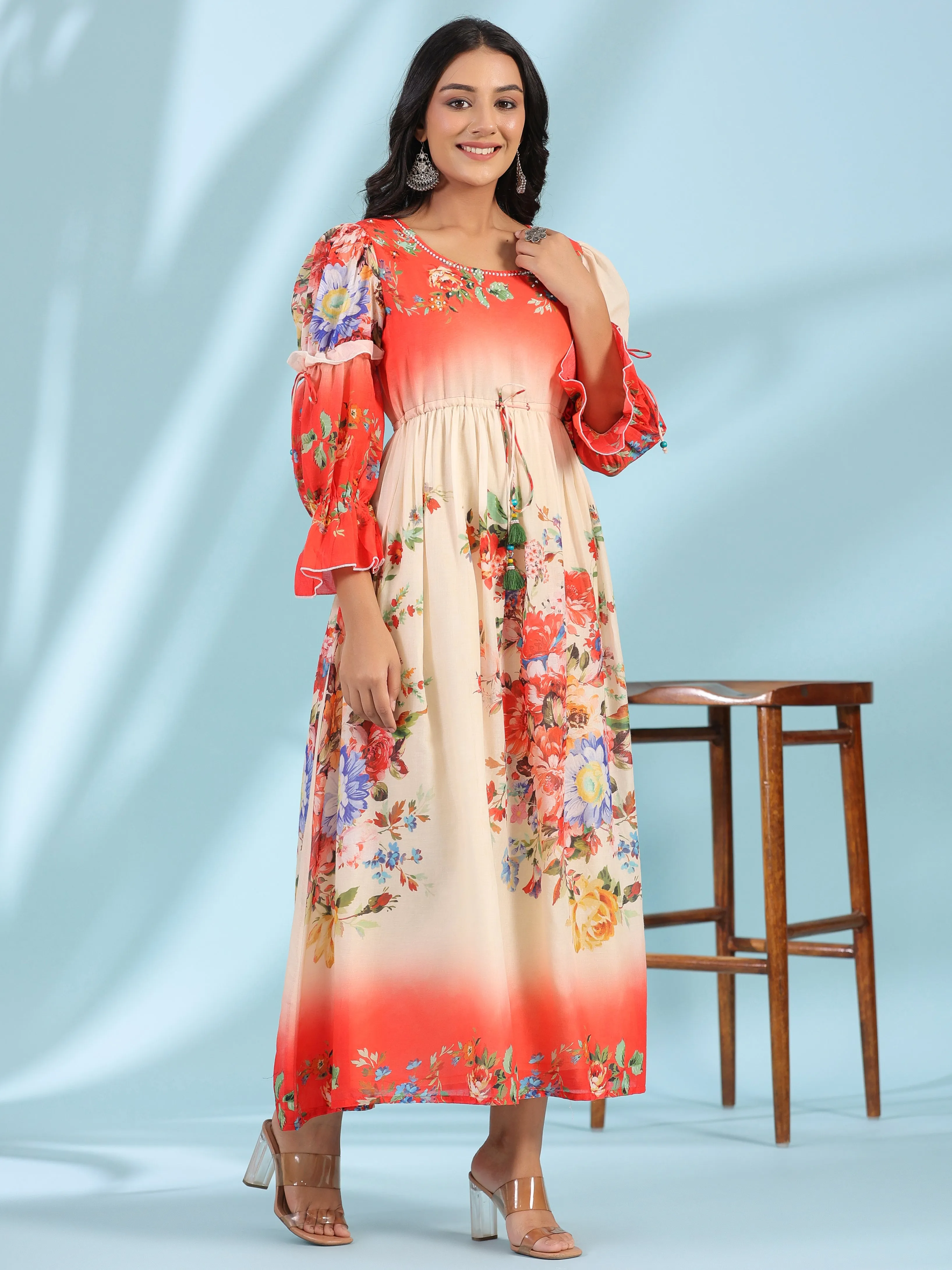 Jashvi Off-White Floral Printed Cotton Maxi Dress With Beads & Sequins Work