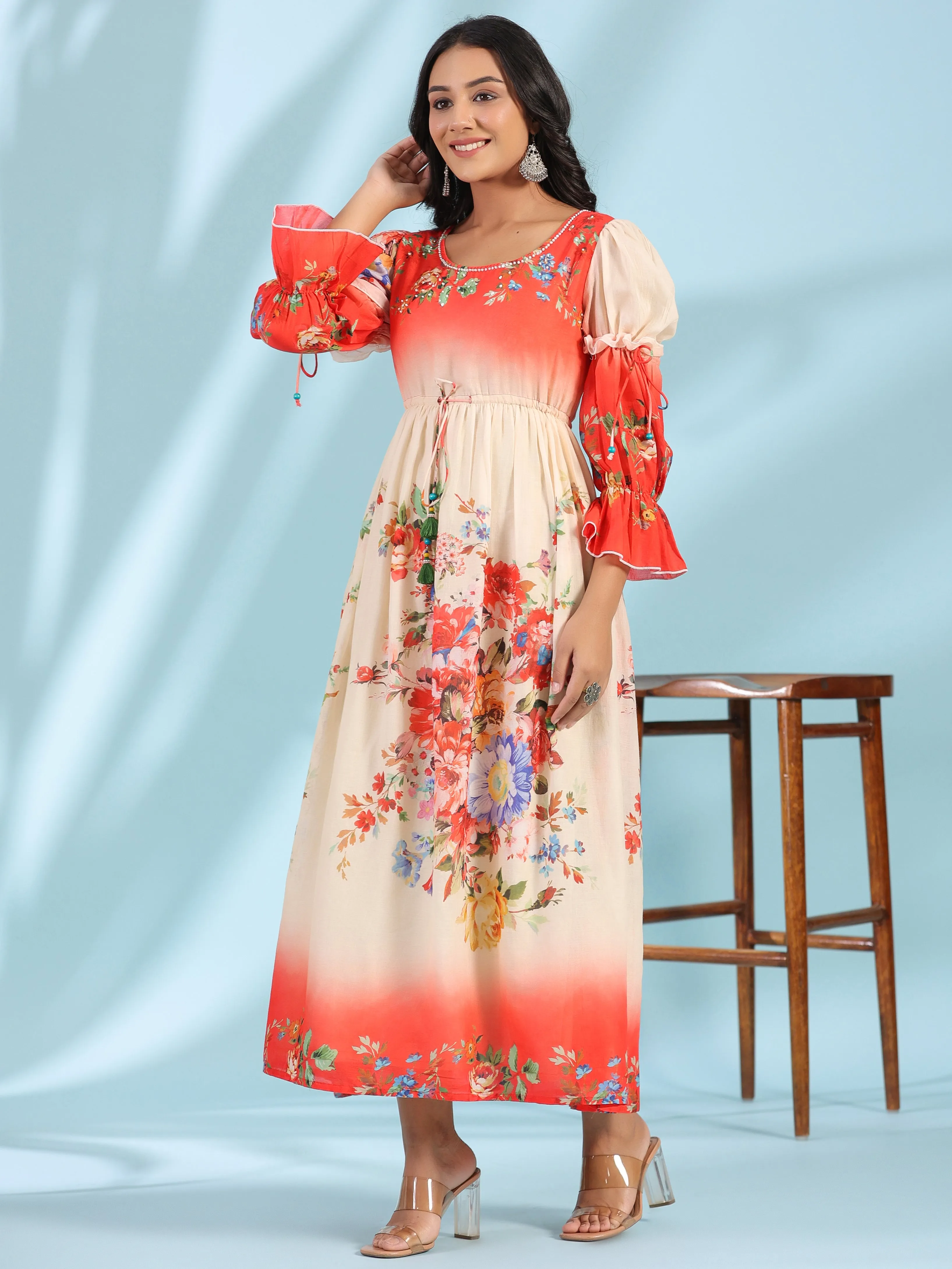 Jashvi Off-White Floral Printed Cotton Maxi Dress With Beads & Sequins Work