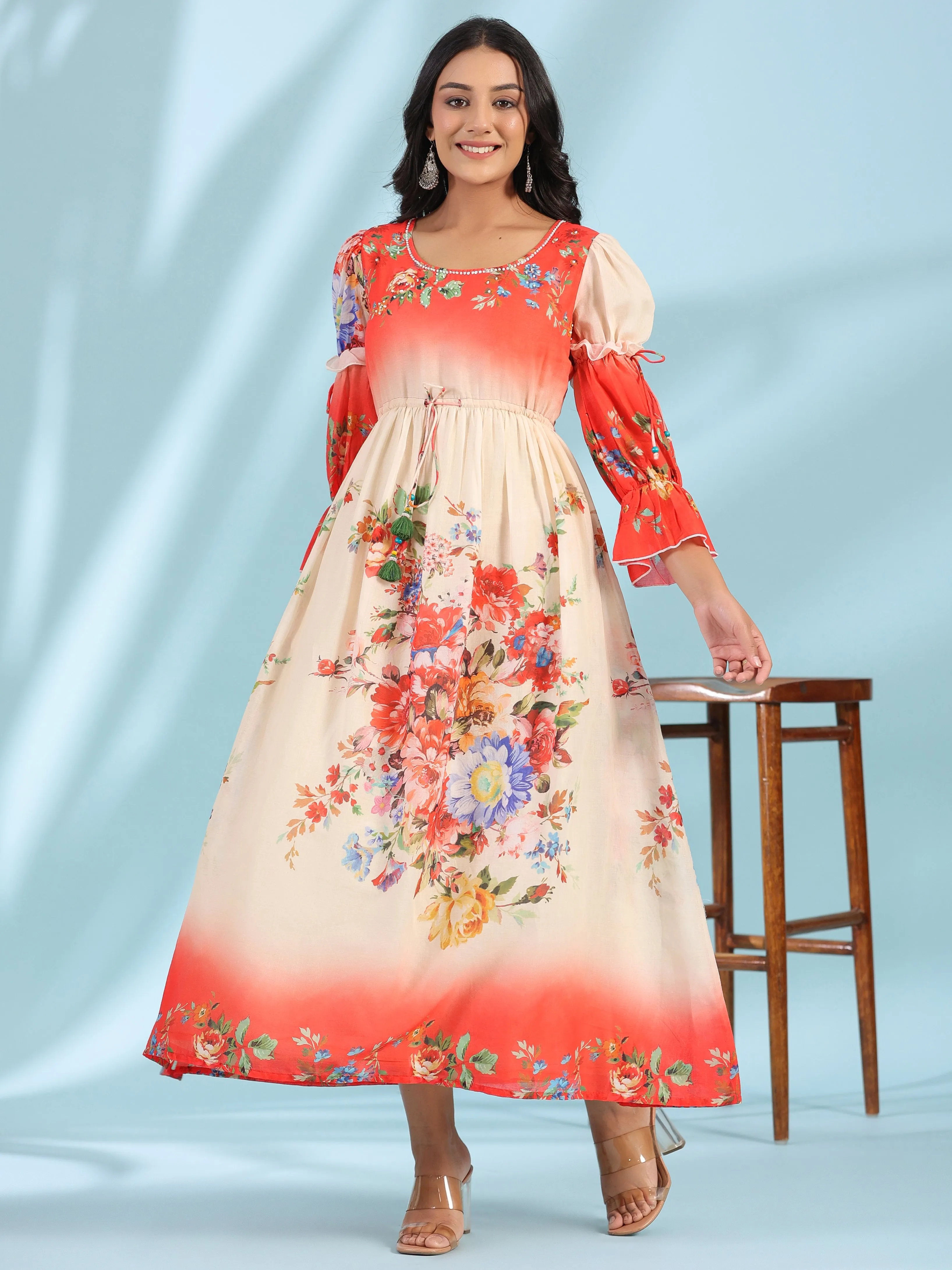 Jashvi Off-White Floral Printed Cotton Maxi Dress With Beads & Sequins Work