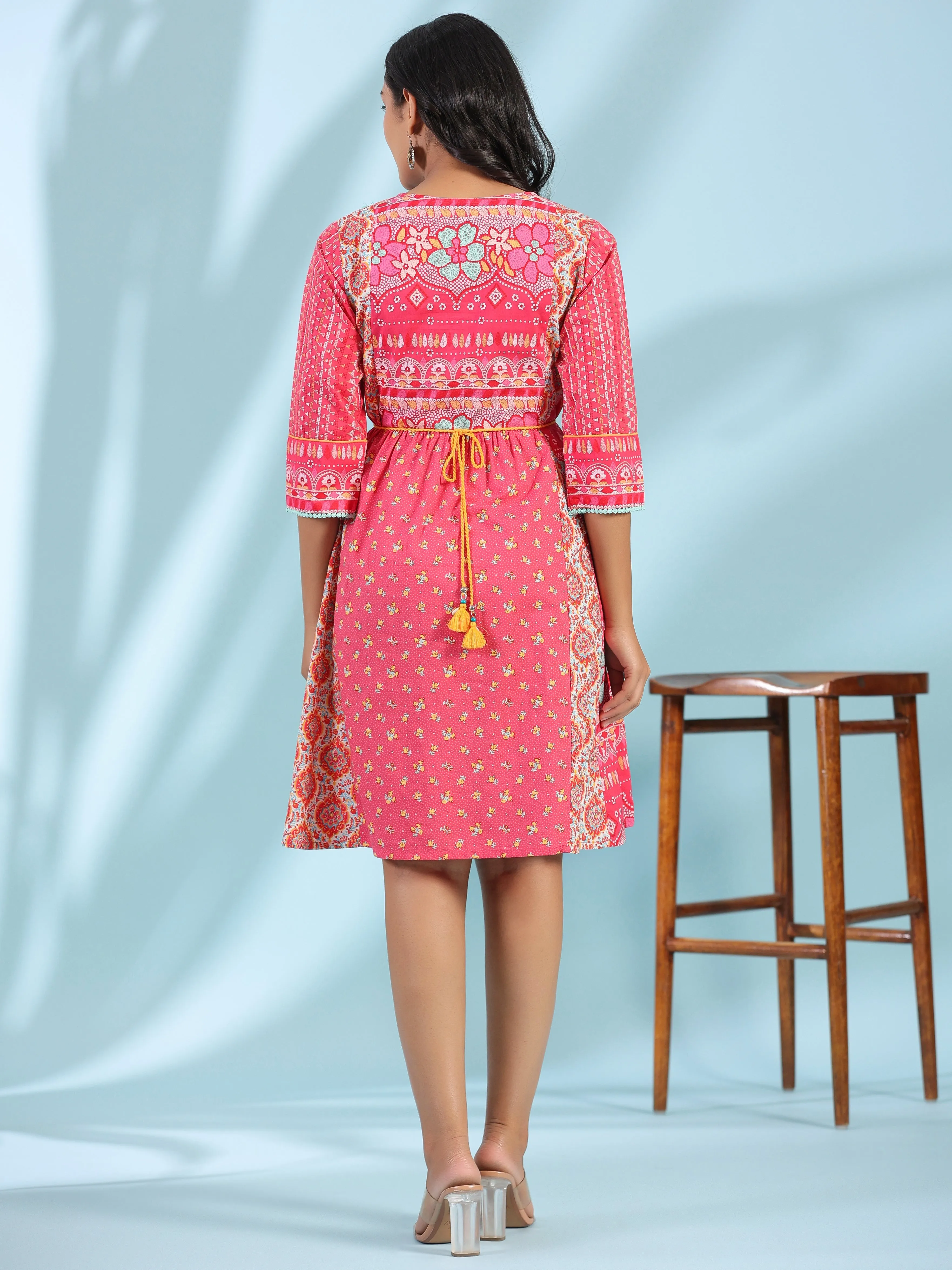 Jashvi Pink Pure Cotton Floral Printed Panelled Short Dress With Contrasting Tassels & Beadwork