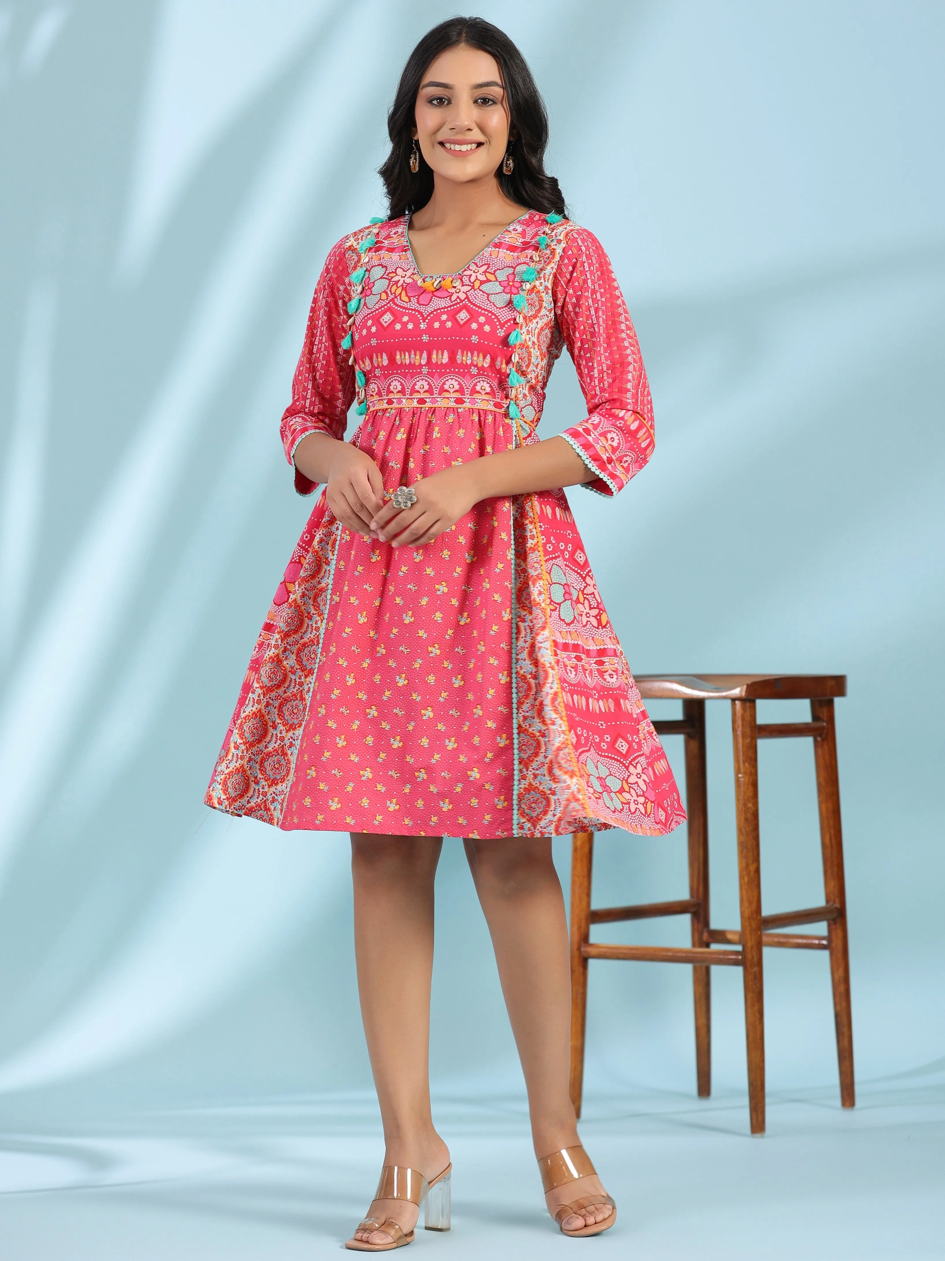 Jashvi Pink Pure Cotton Floral Printed Panelled Short Dress With Contrasting Tassels & Beadwork