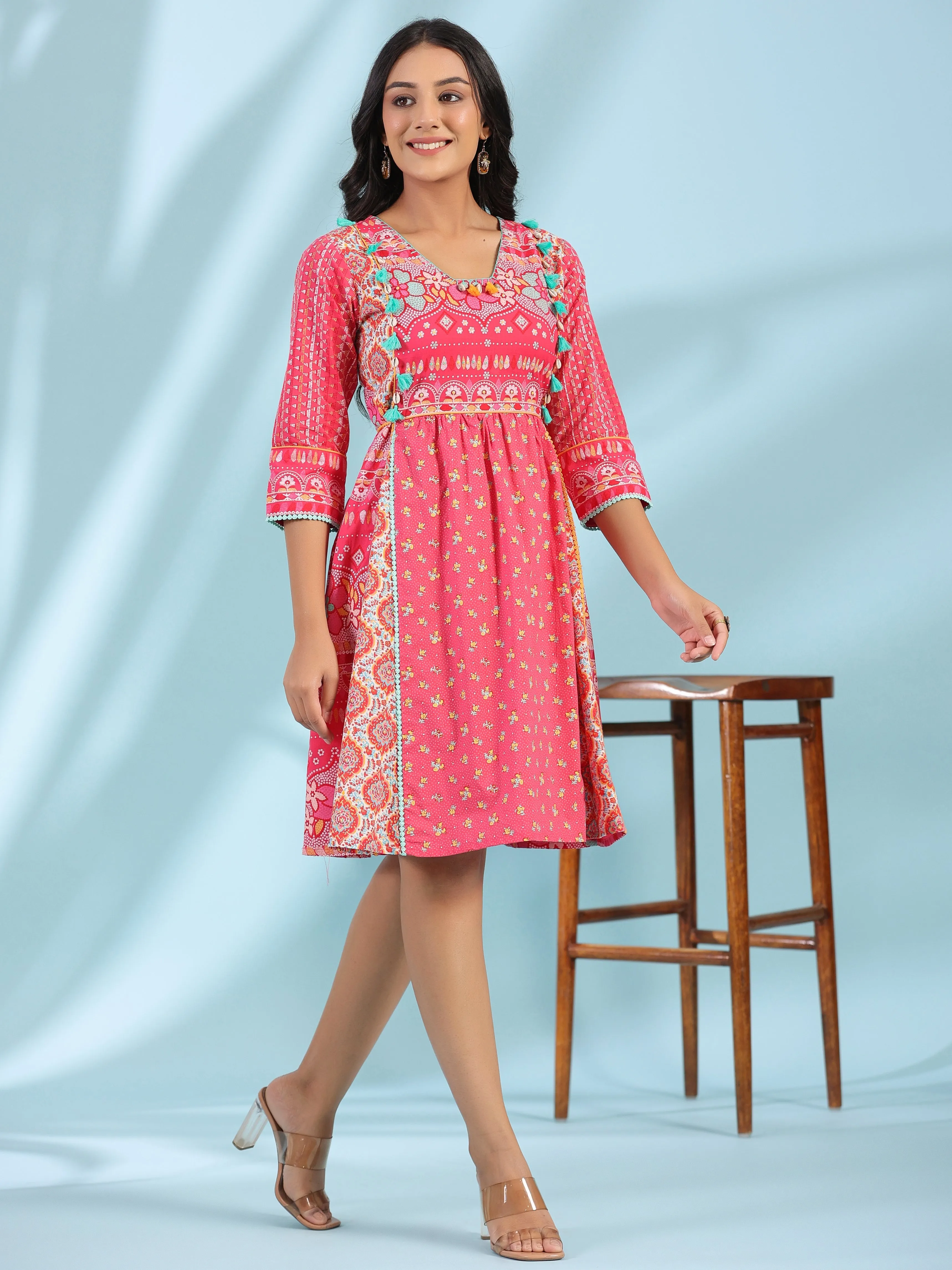 Jashvi Pink Pure Cotton Floral Printed Panelled Short Dress With Contrasting Tassels & Beadwork