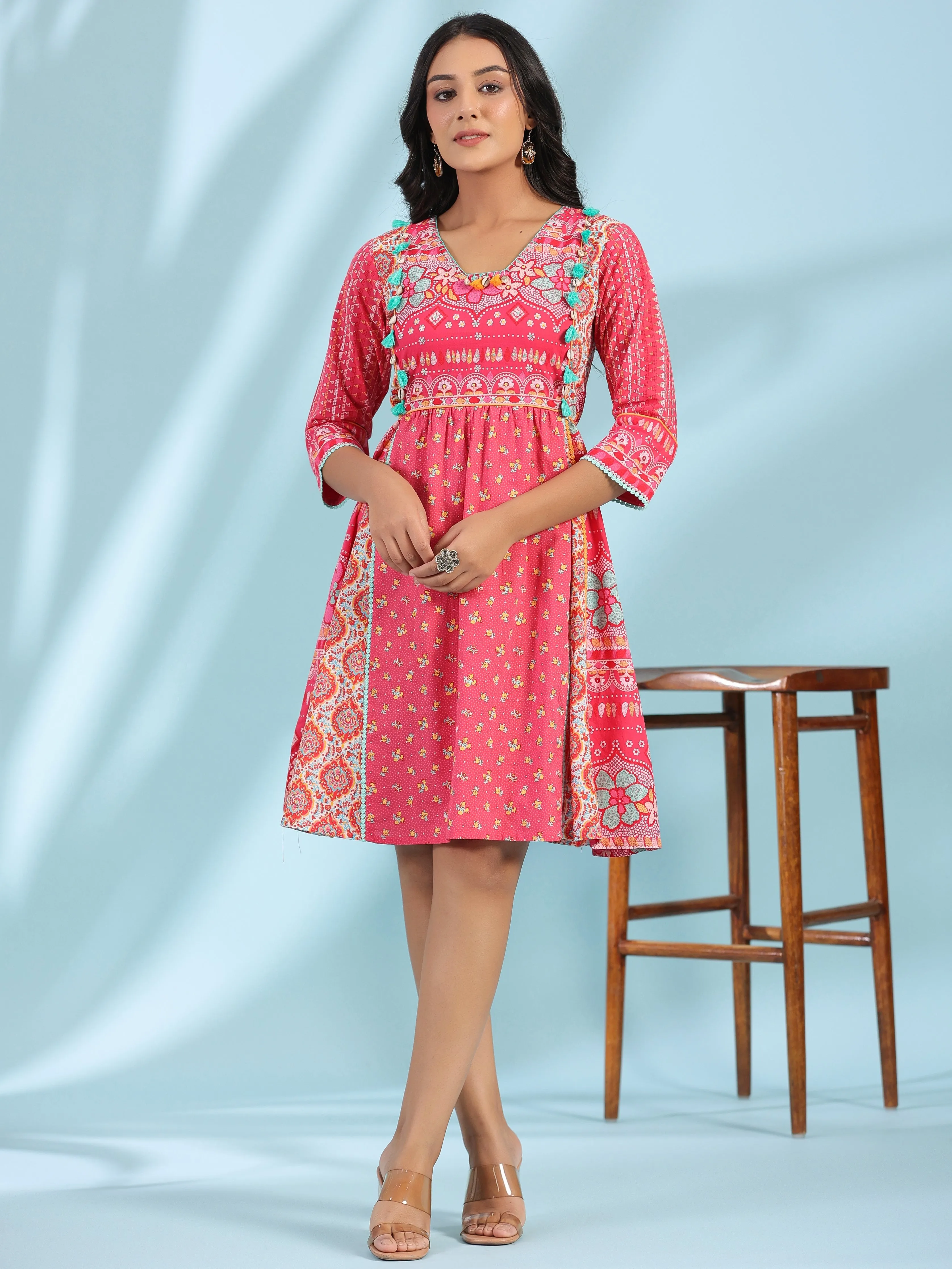 Jashvi Pink Pure Cotton Floral Printed Panelled Short Dress With Contrasting Tassels & Beadwork