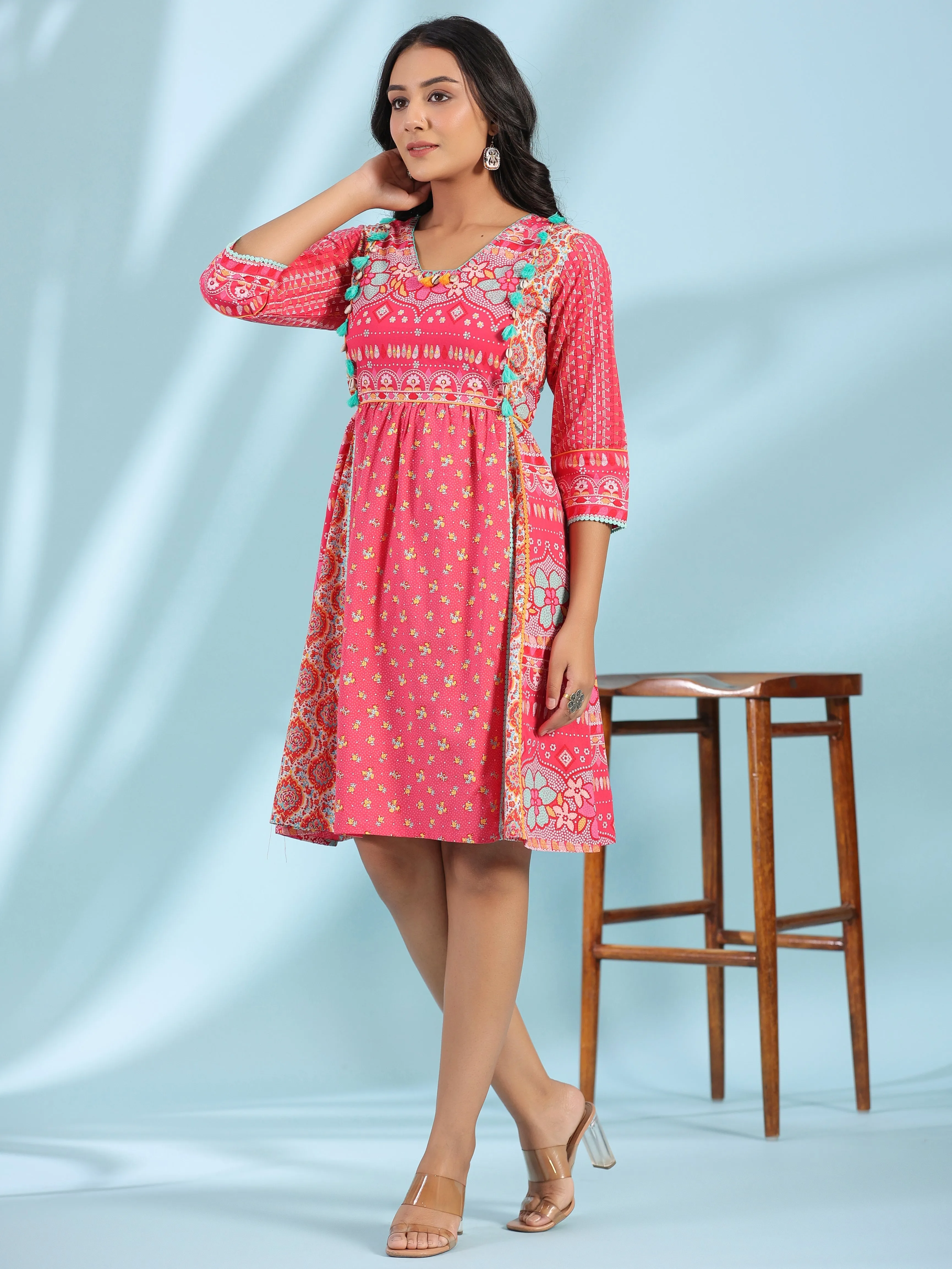 Jashvi Pink Pure Cotton Floral Printed Panelled Short Dress With Contrasting Tassels & Beadwork