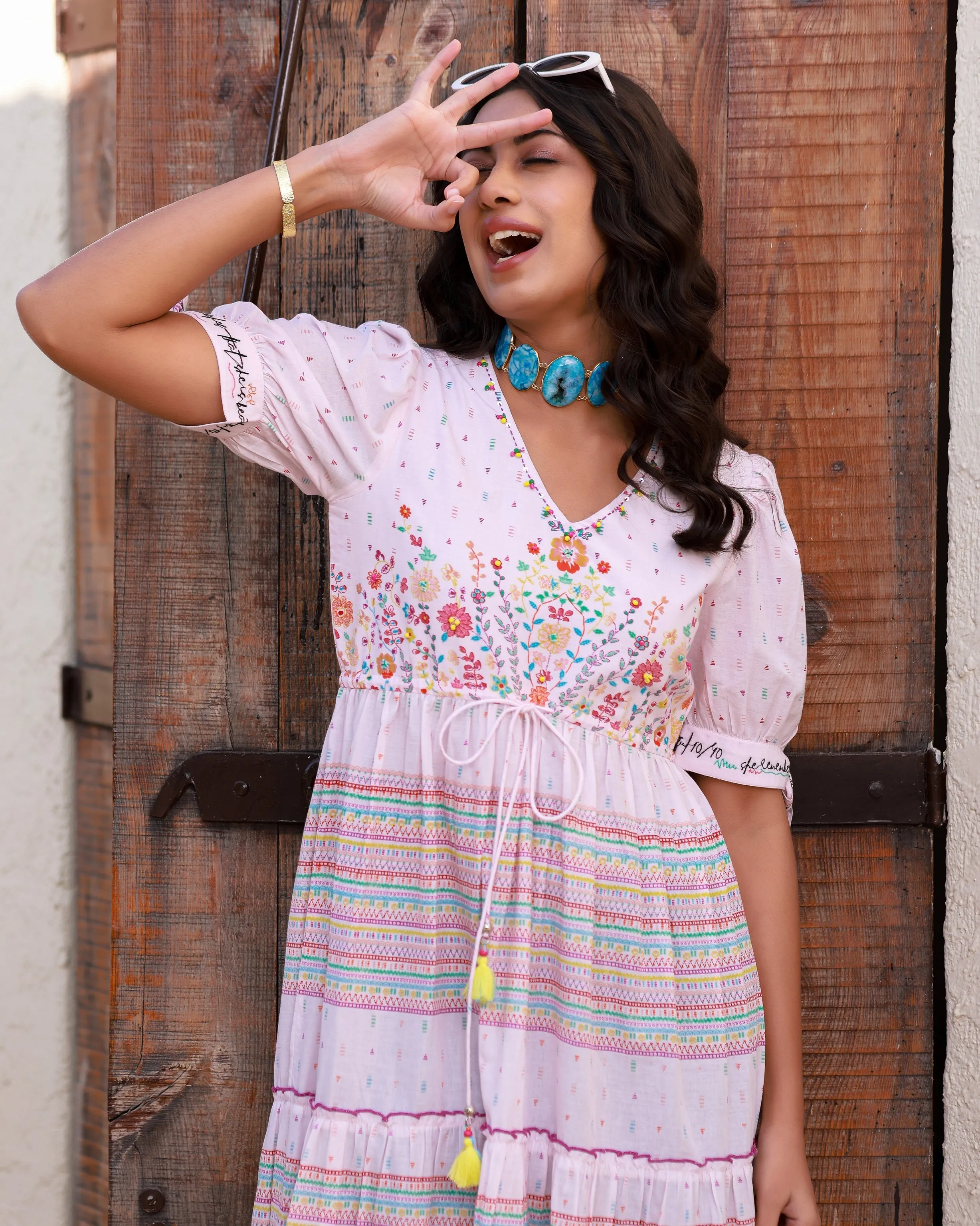 Jashvi Pink Wonderland Pure Cotton Floral Printed Maxi Dress With Beads Tassels Kantha & Contrast 3D Work