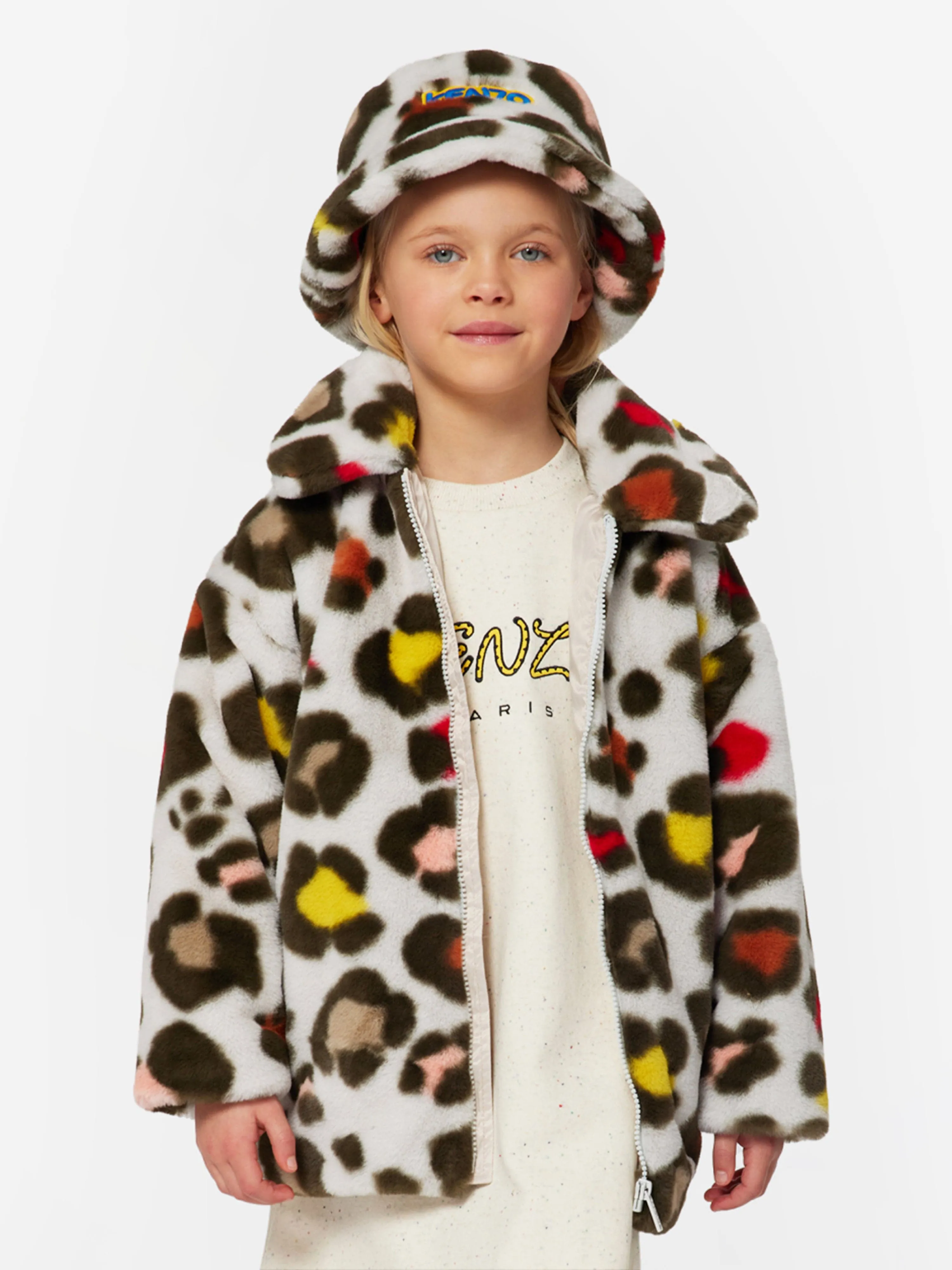 KENZO Girls Faux Fur Coat in Multicolour