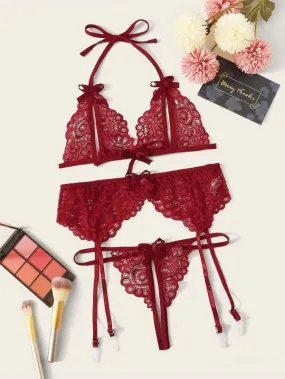 Lace Butterfly Bra Panty Garter Belt Bikini Three-piece Set