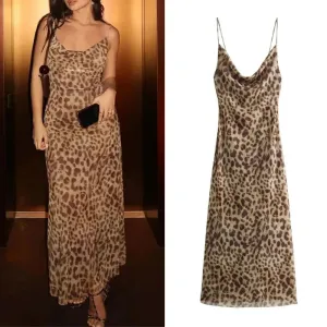 Leopard Print Long Dress Women Tulle Backless Slip Dress -  Sexy Holiday Dresses