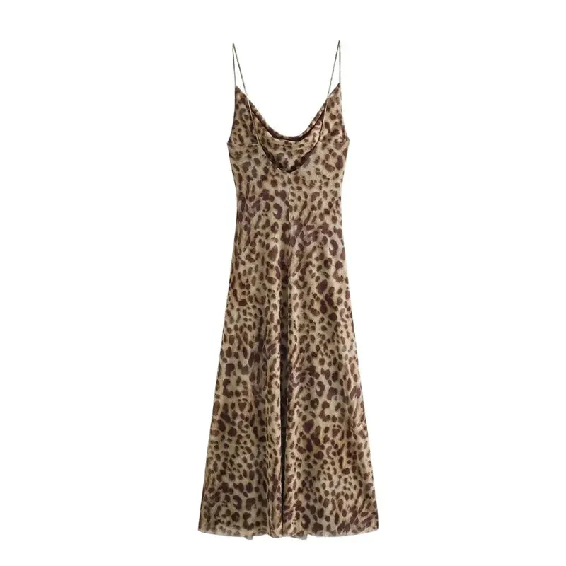 Leopard Print Long Dress Women Tulle Backless Slip Dress -  Sexy Holiday Dresses