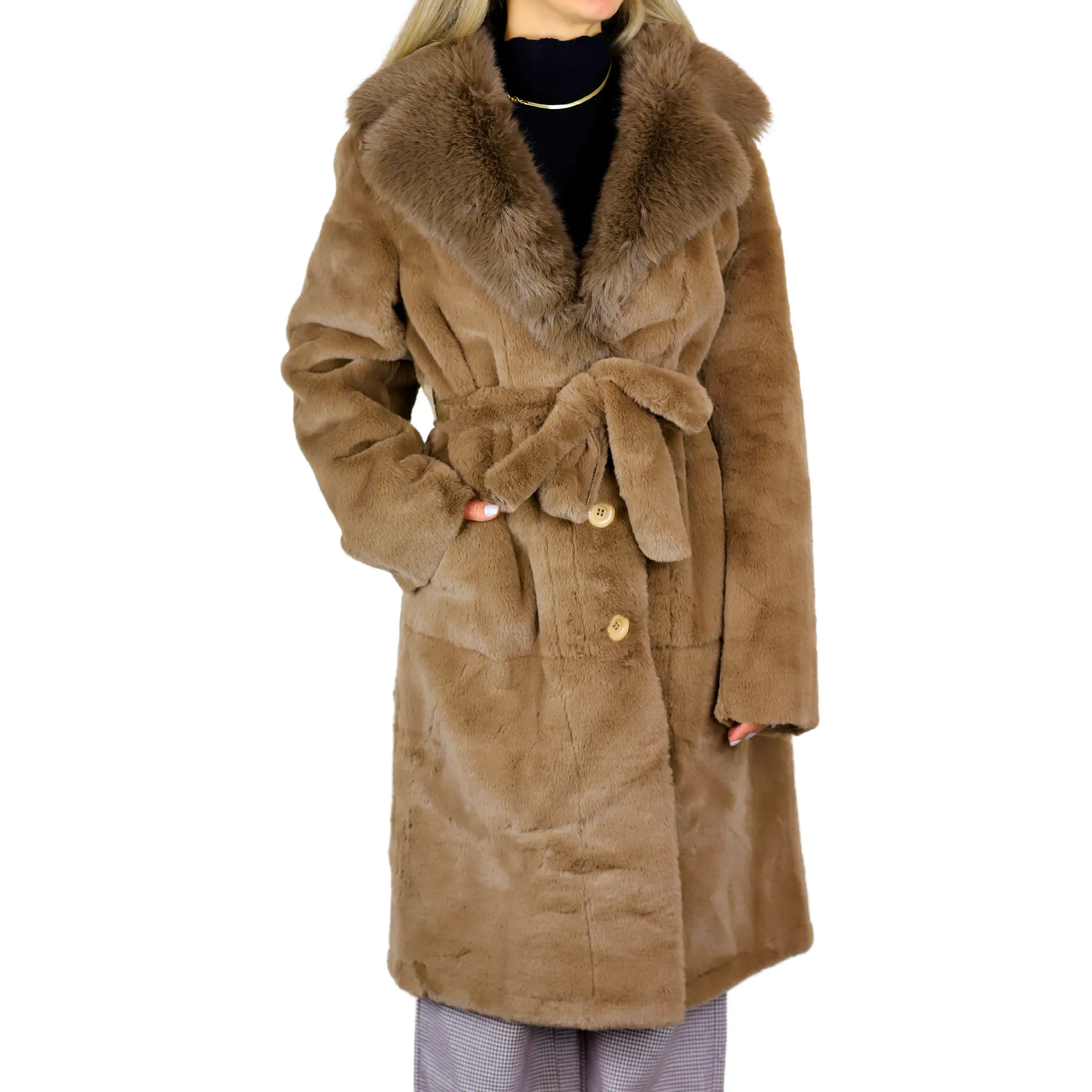 Long Faux Fur Waist Coat - Camel