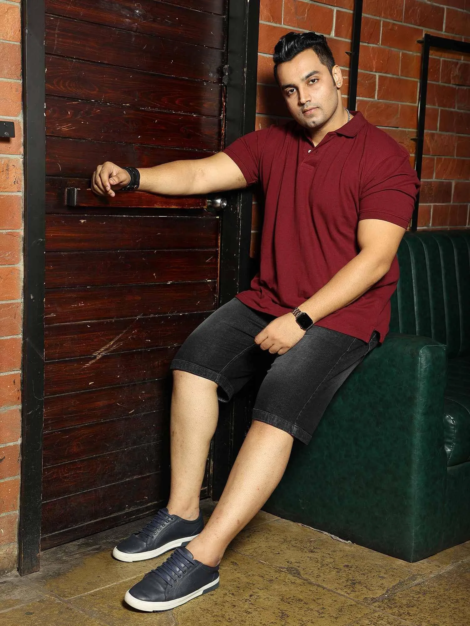 Maroon Solid Polo Collar Pure Cotton T-SHIRT Men's Plus Size