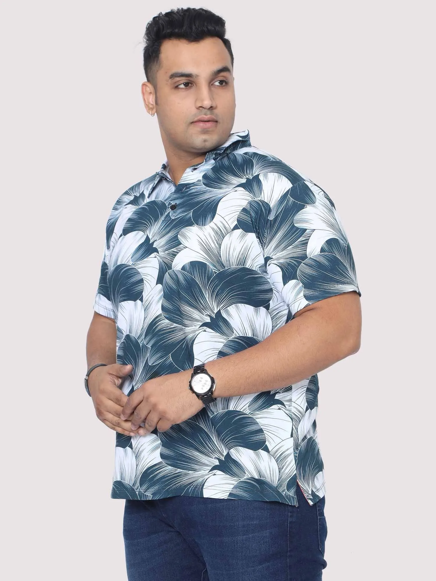 Men Plus Size Big Grey Flower Digital Printed Polo Collar T-shirt