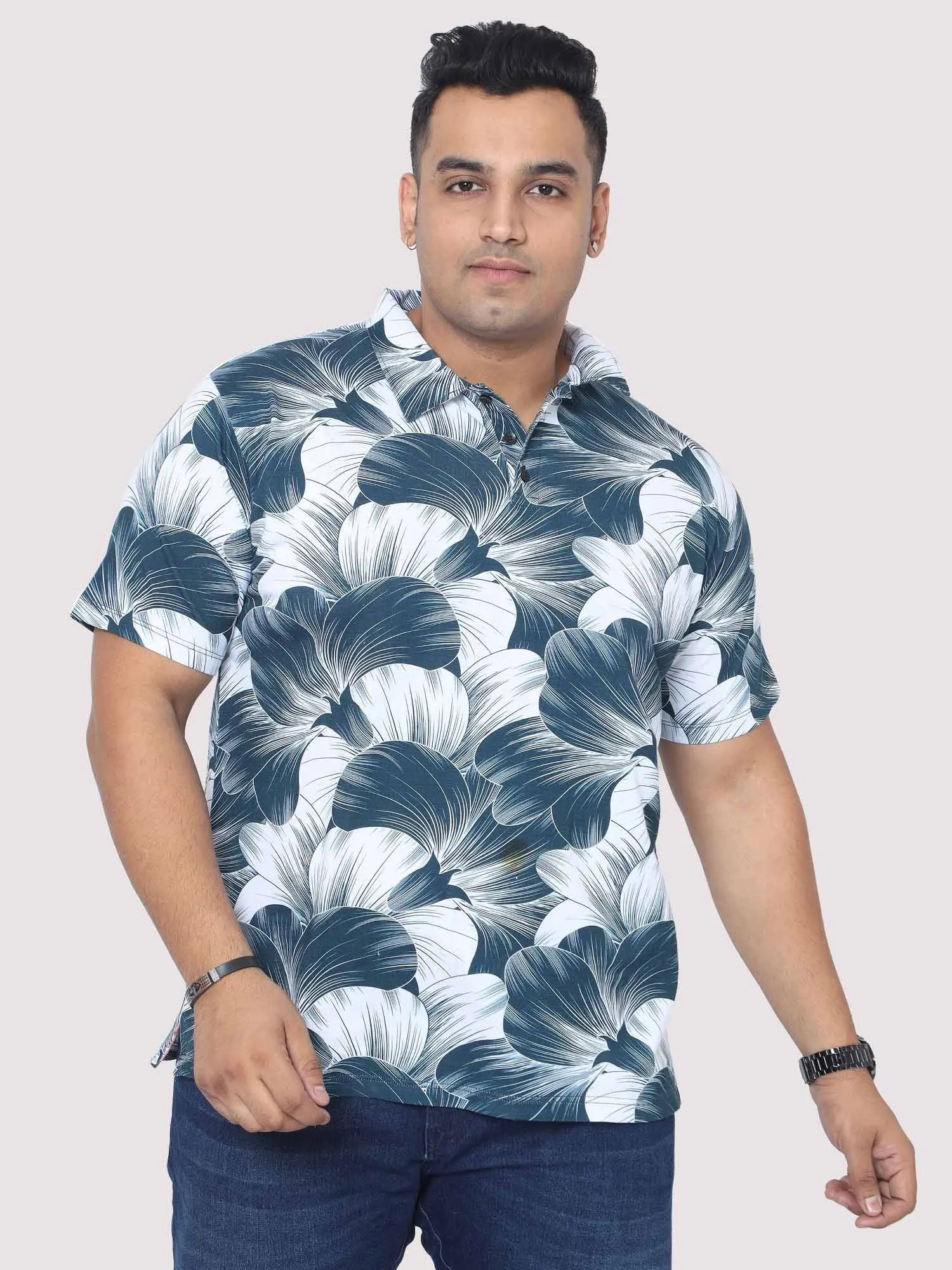 Men Plus Size Big Grey Flower Digital Printed Polo Collar T-shirt