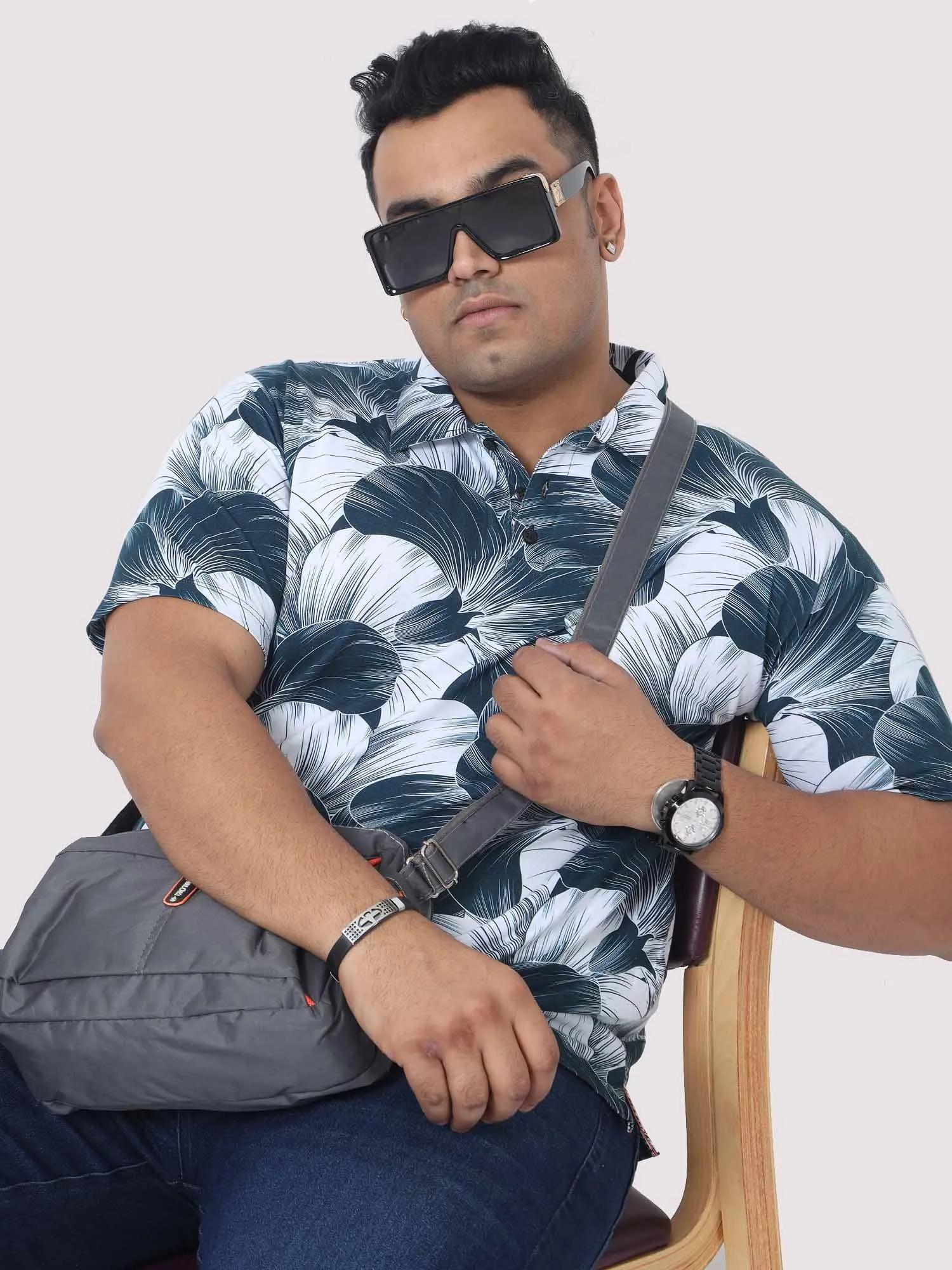 Men Plus Size Big Grey Flower Digital Printed Polo Collar T-shirt