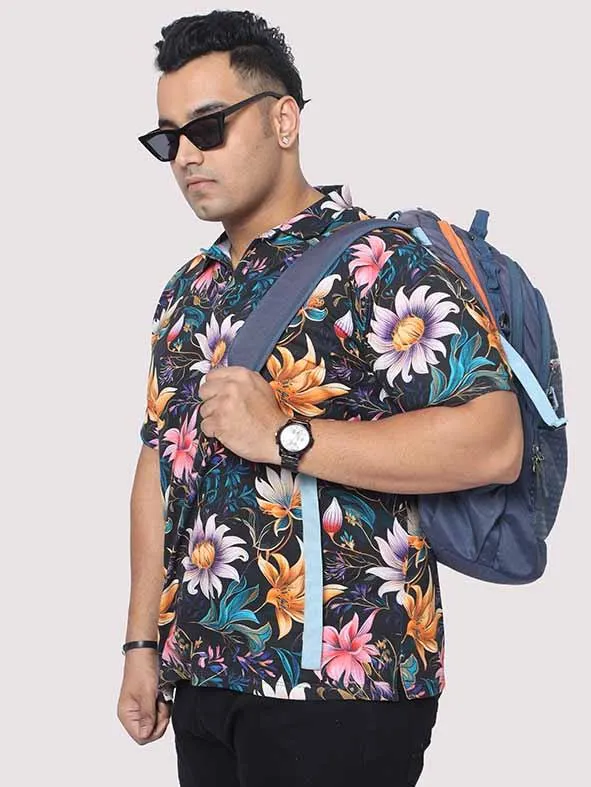 Men Plus Size Blue Floral Digital Printed Polo Collar T-shirt