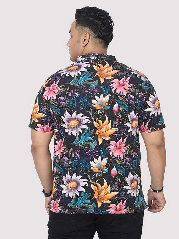 Men Plus Size Blue Floral Digital Printed Polo Collar T-shirt