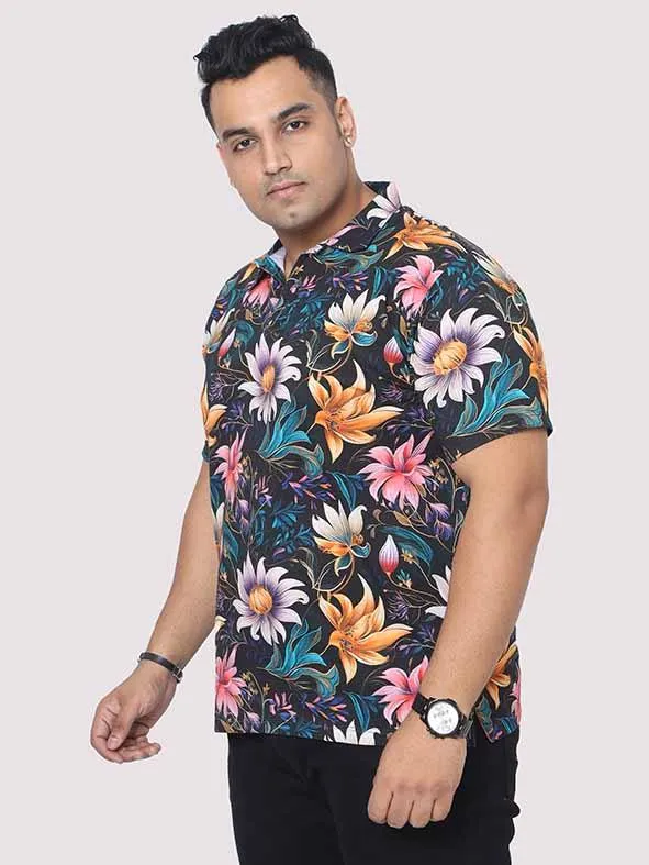 Men Plus Size Blue Floral Digital Printed Polo Collar T-shirt