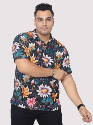 Men Plus Size Blue Floral Digital Printed Polo Collar T-shirt