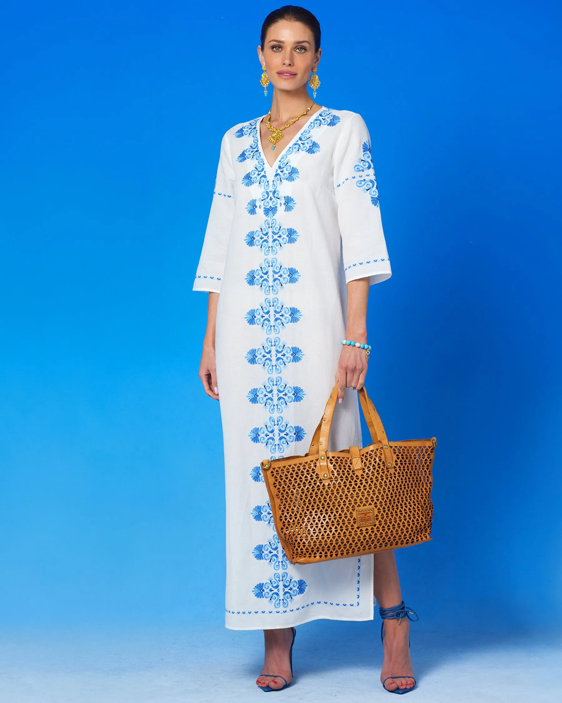 Menorca Long Kaftan Dress and Grecian Motif Embroidery