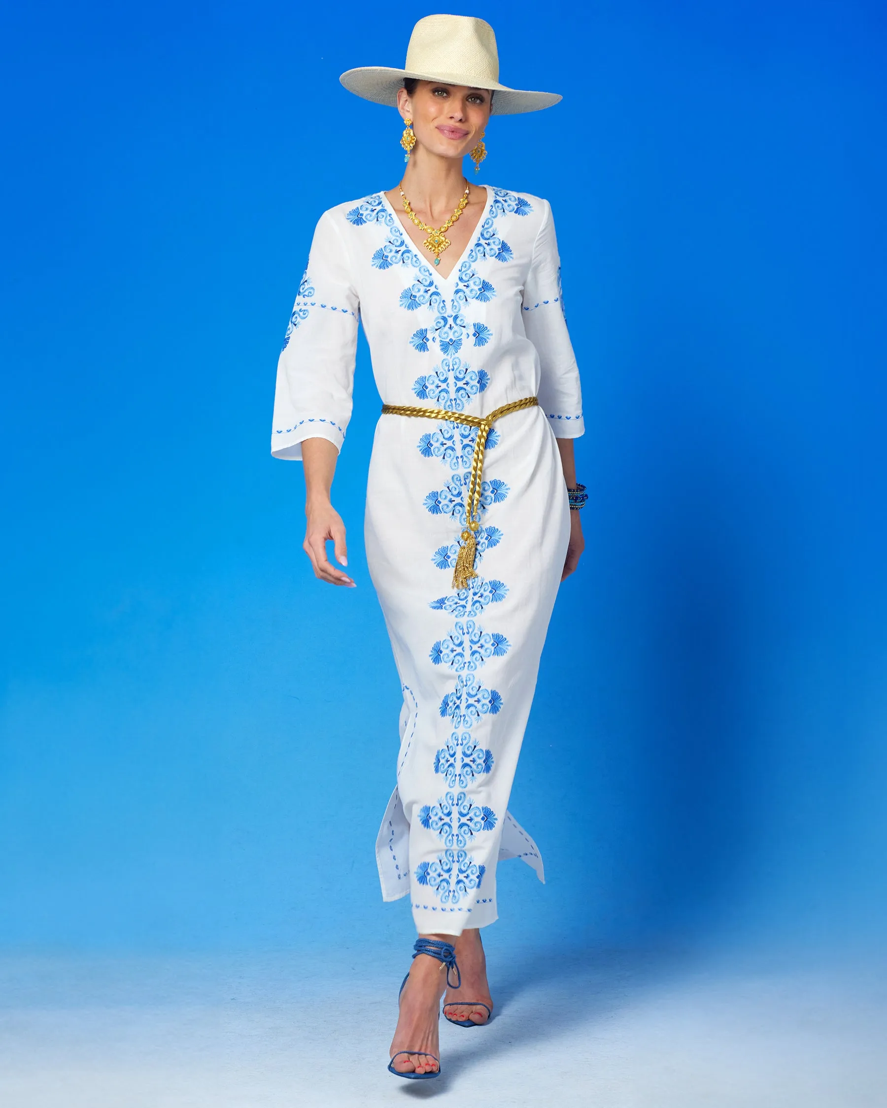 Menorca Long Kaftan Dress and Grecian Motif Embroidery