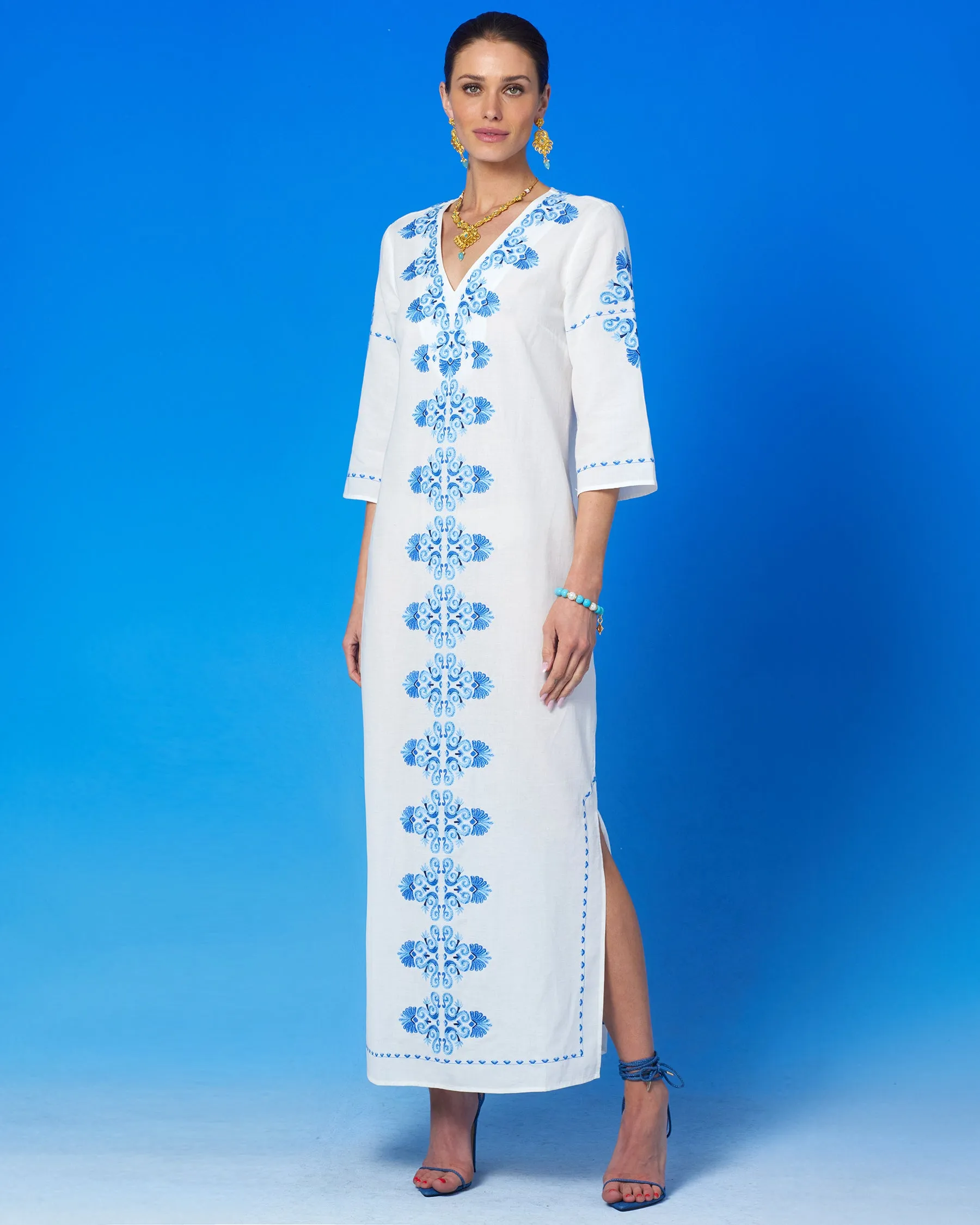 Menorca Long Kaftan Dress and Grecian Motif Embroidery