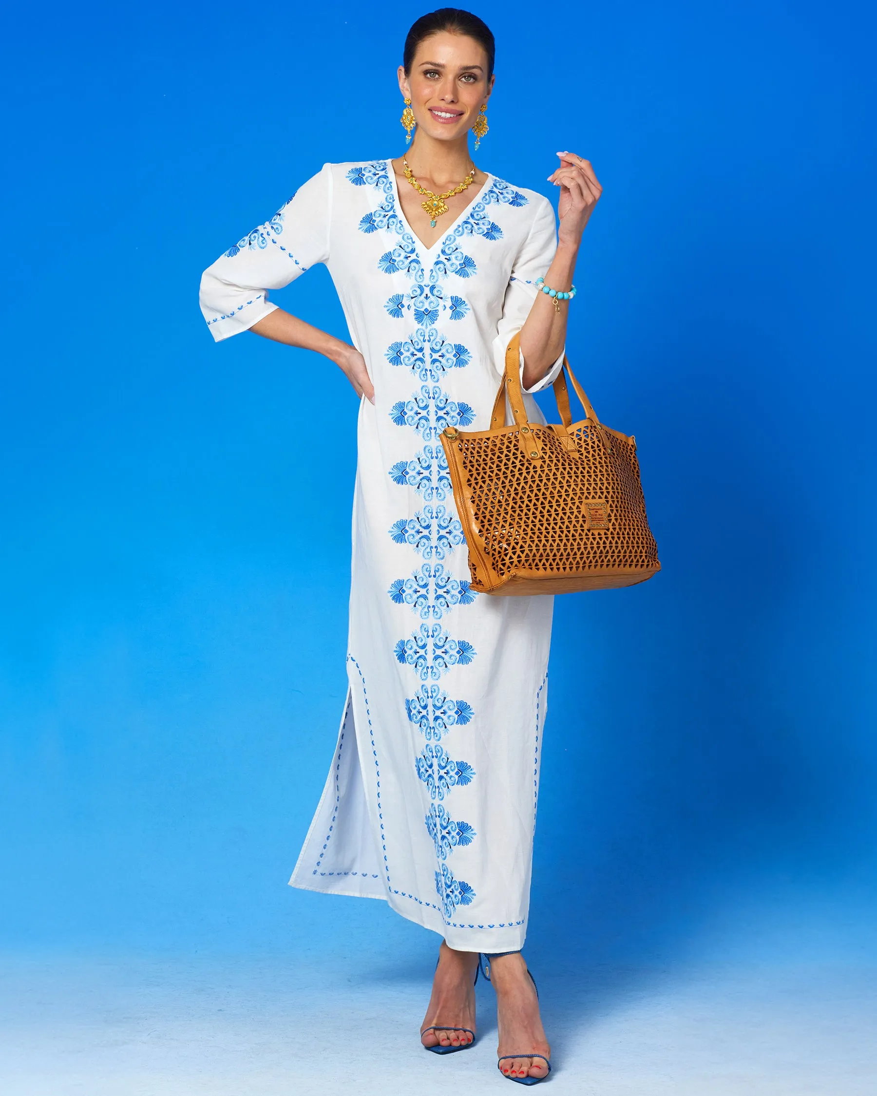 Menorca Long Kaftan Dress and Grecian Motif Embroidery