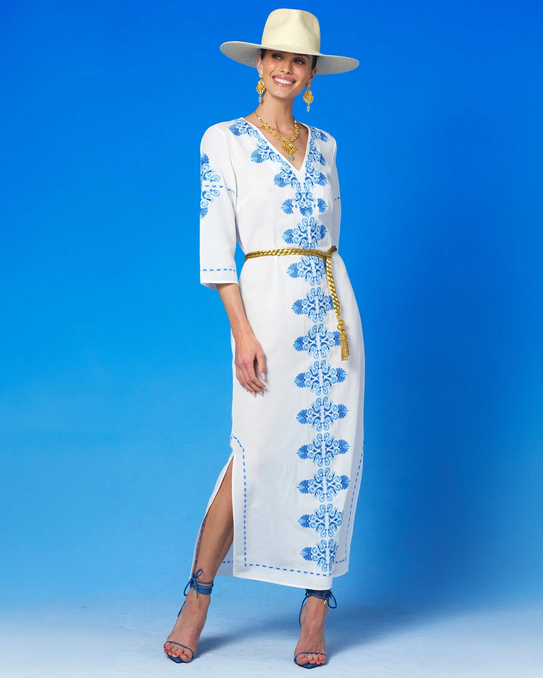 Menorca Long Kaftan Dress and Grecian Motif Embroidery