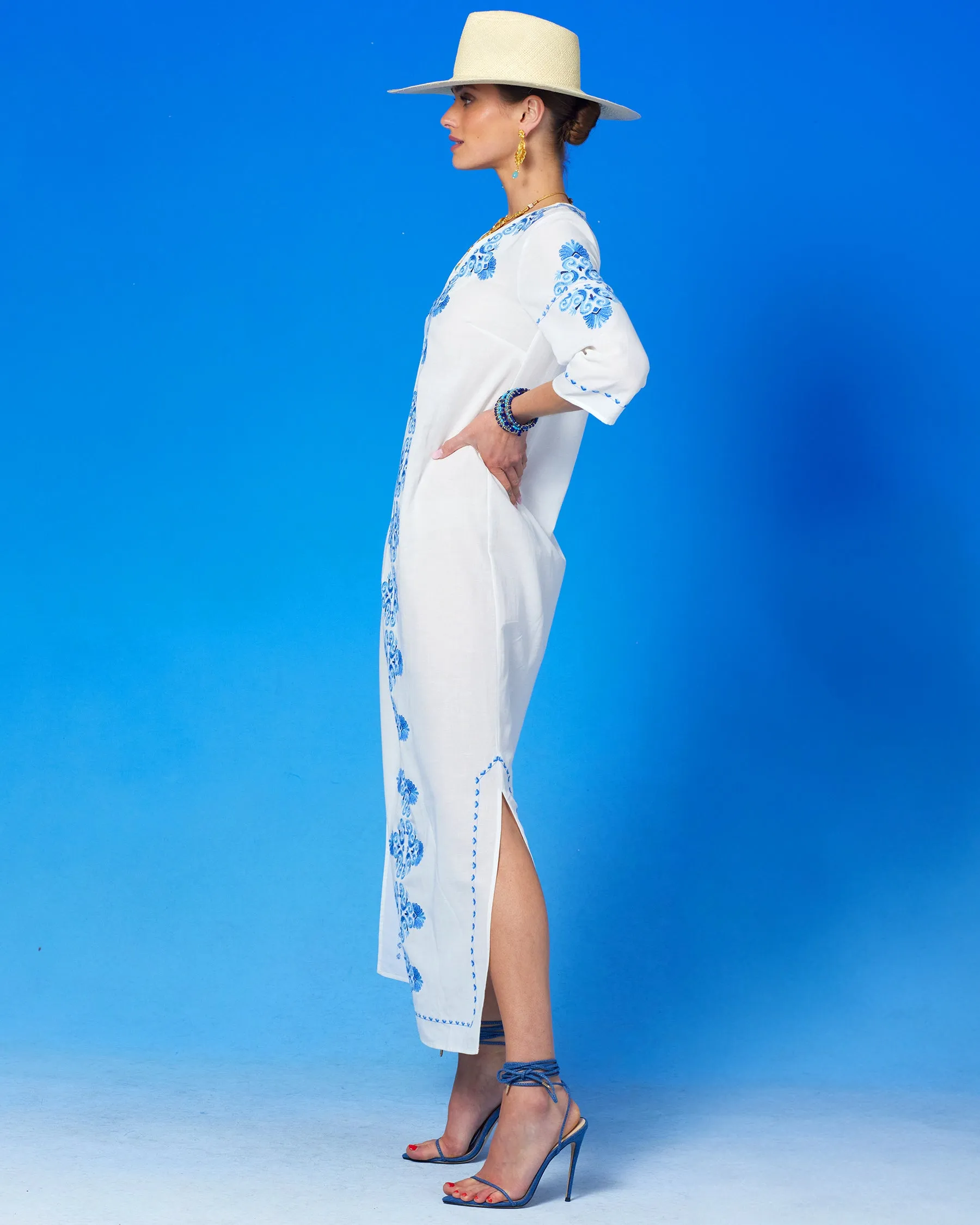 Menorca Long Kaftan Dress and Grecian Motif Embroidery