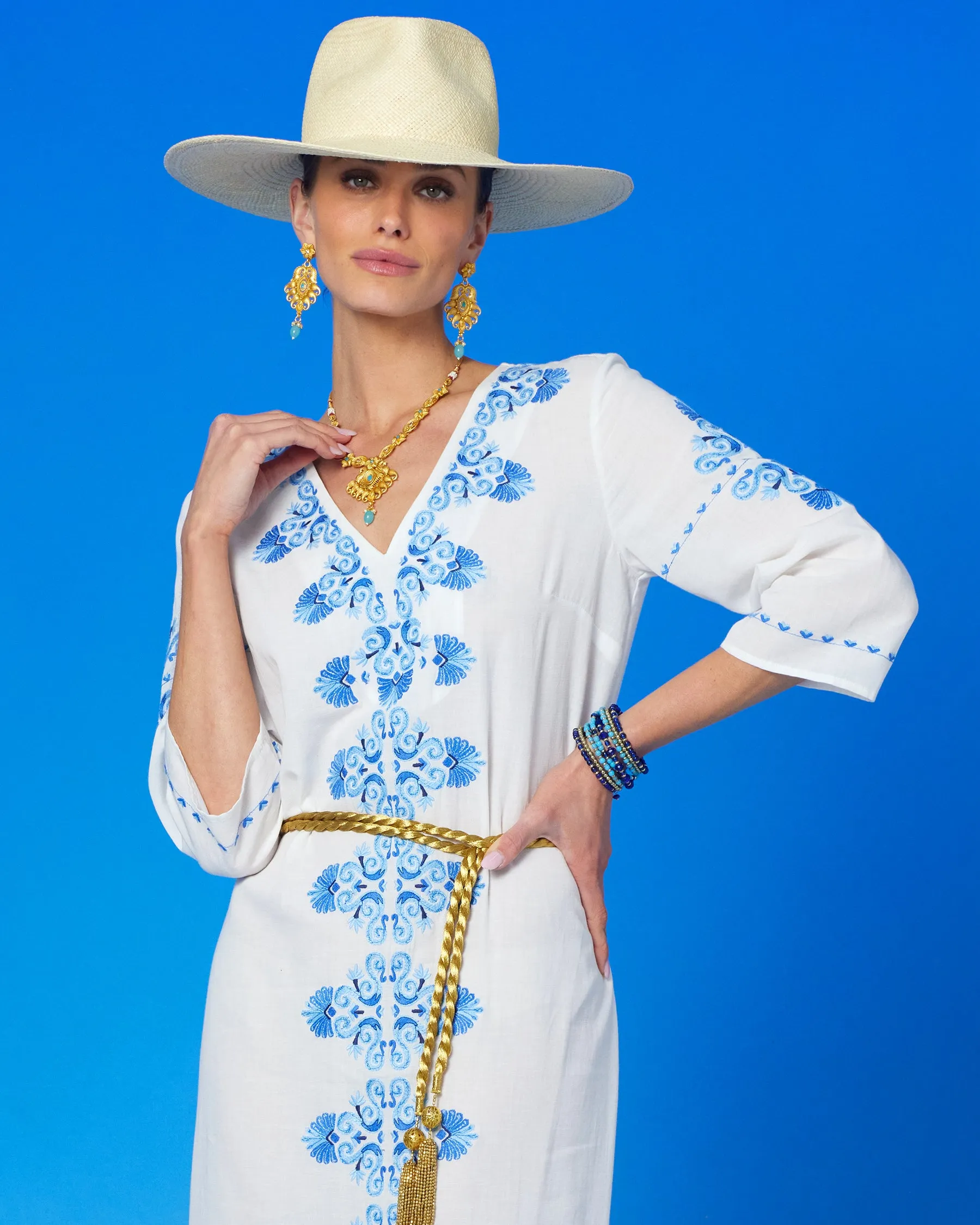 Menorca Long Kaftan Dress and Grecian Motif Embroidery