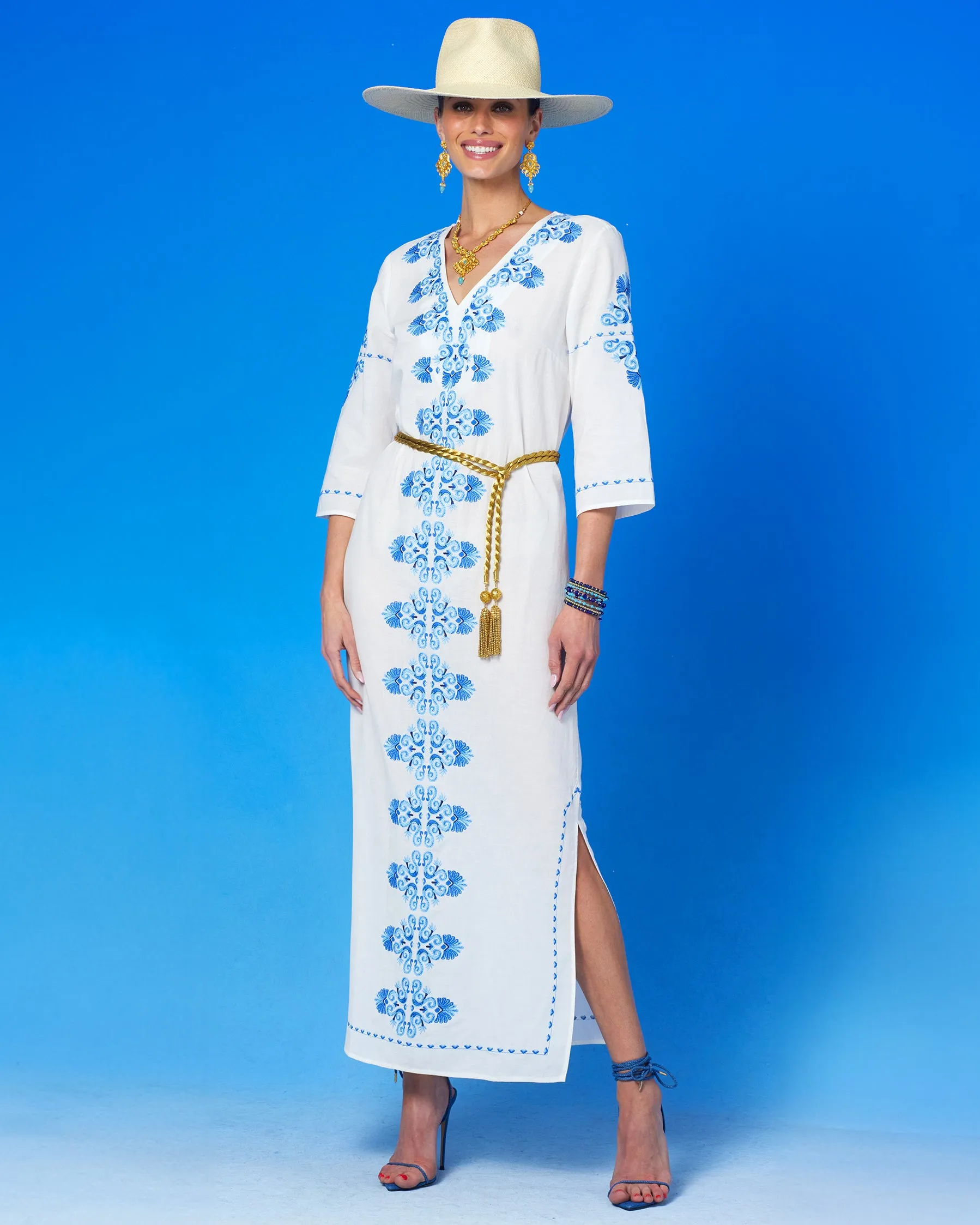 Menorca Long Kaftan Dress and Grecian Motif Embroidery